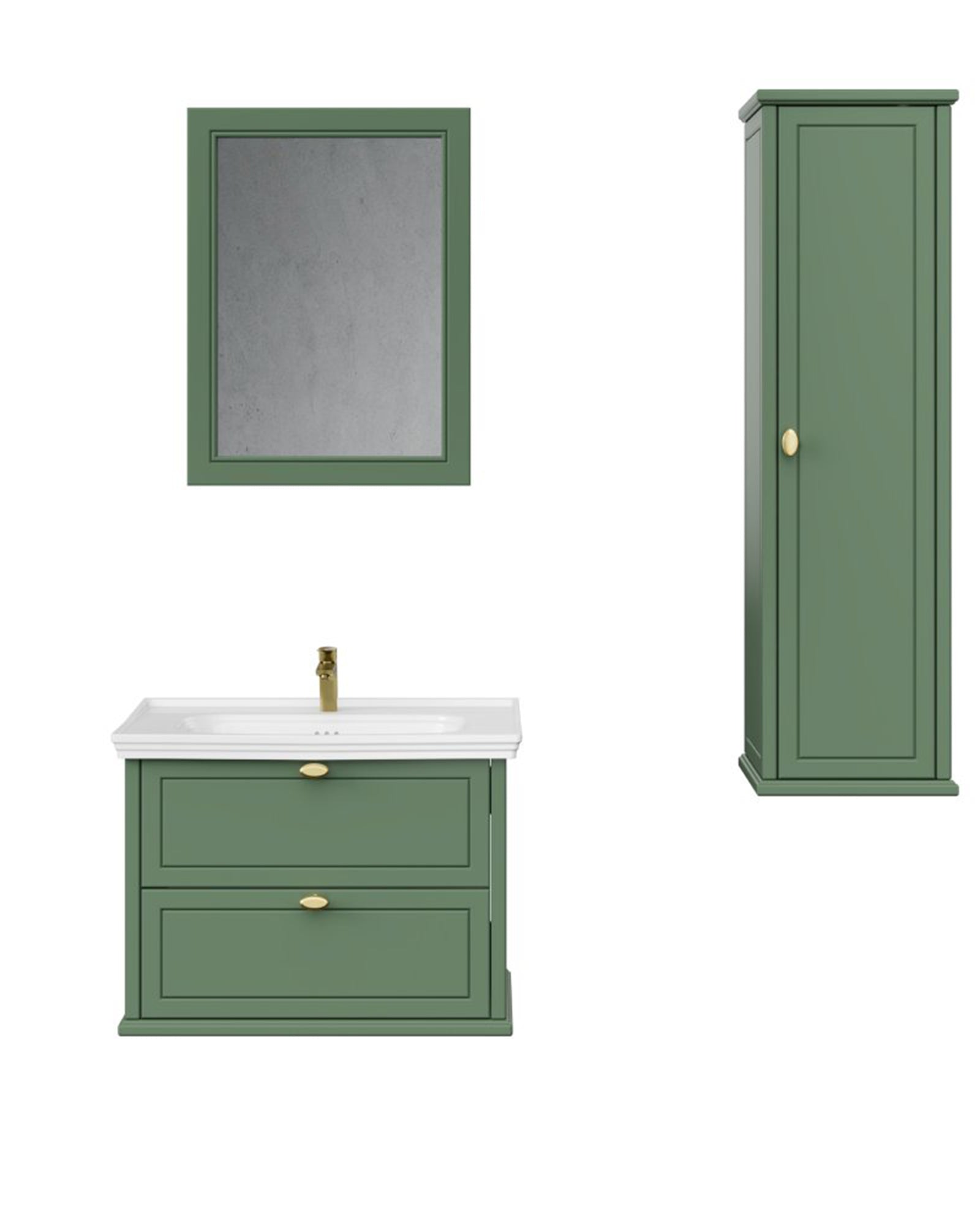 Antik İki Çekmeceli 80 Cm Zeytuni Lavabo Dolabı Seti