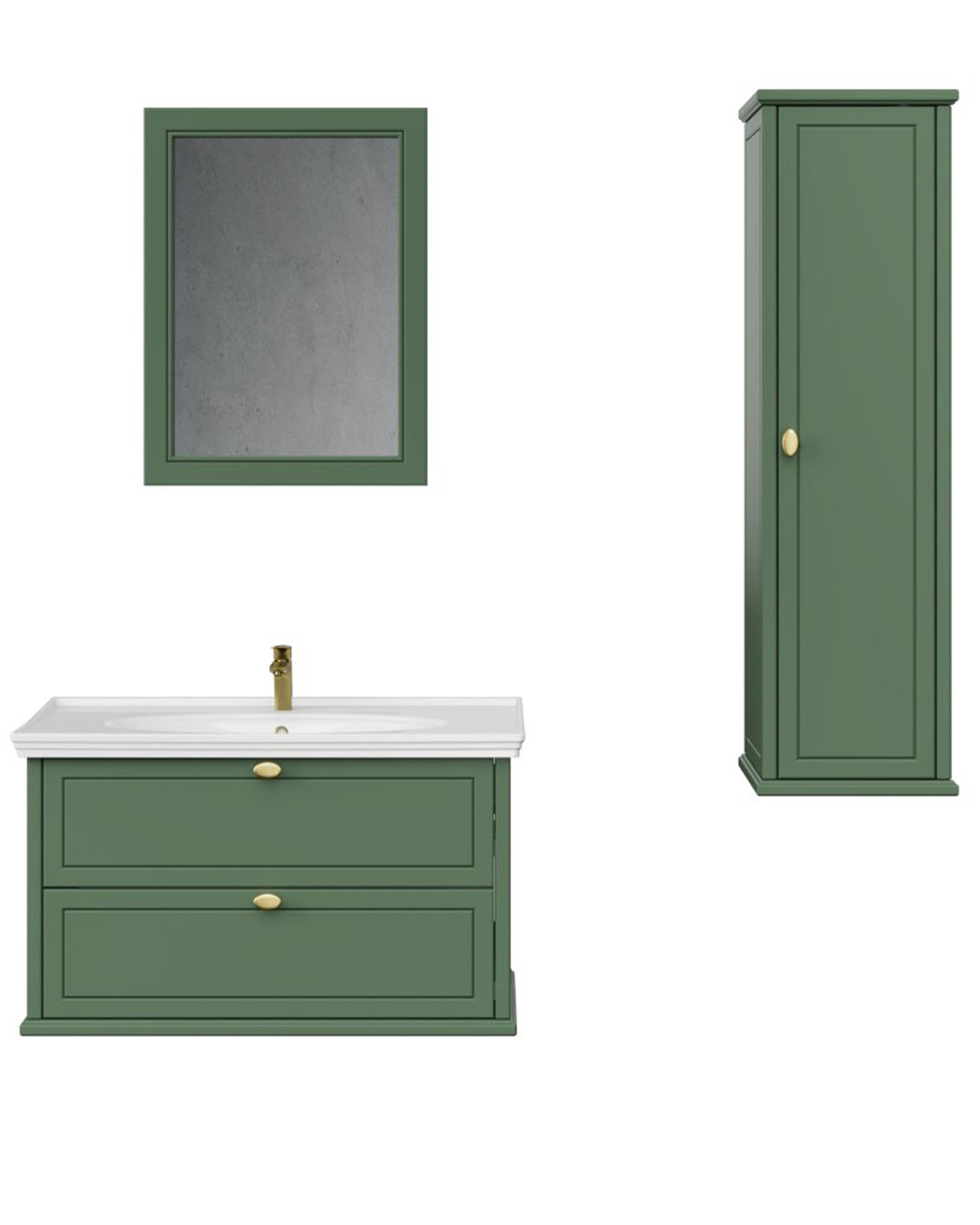 Antik İki Çekmeceli 100 Cm Zeytuni Lavabo Dolabı Seti