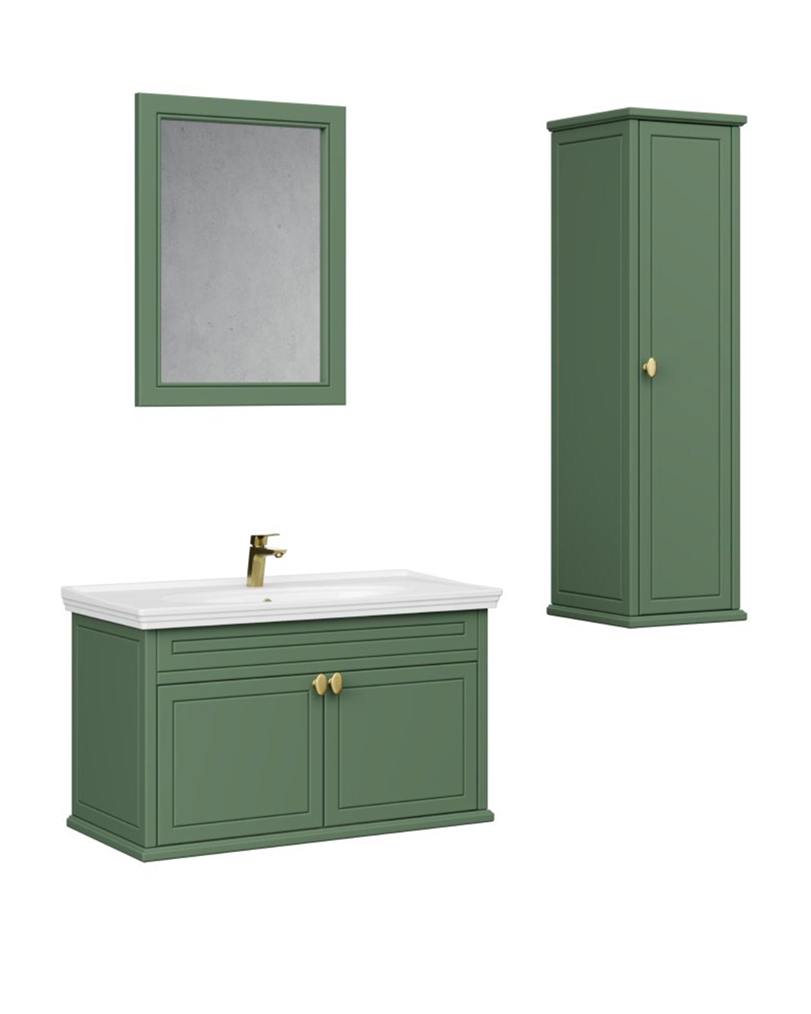 Antik Kapaklı 100 Cm Zeytuni Lavabo Dolabı Seti