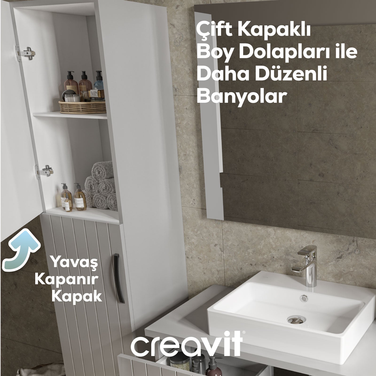 D10 40 cm Sol Boy Dolabı Beyaz Melamin Gövde Lake Kapak - Creavit | Banyo Bu Tarafta