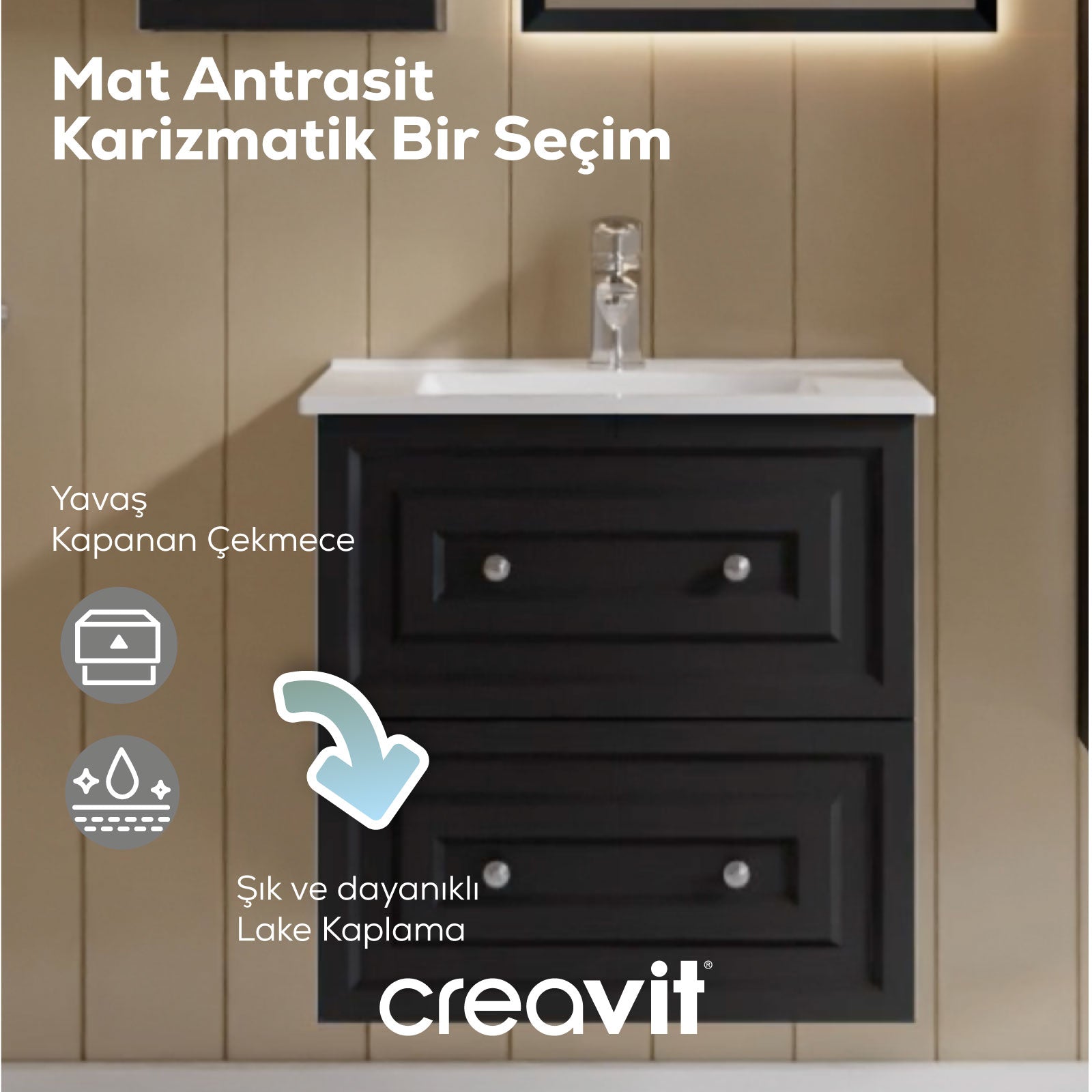 Kayra Waschbeckenunterschrank mit Schubladen, 60 cm, Anthrazit matt