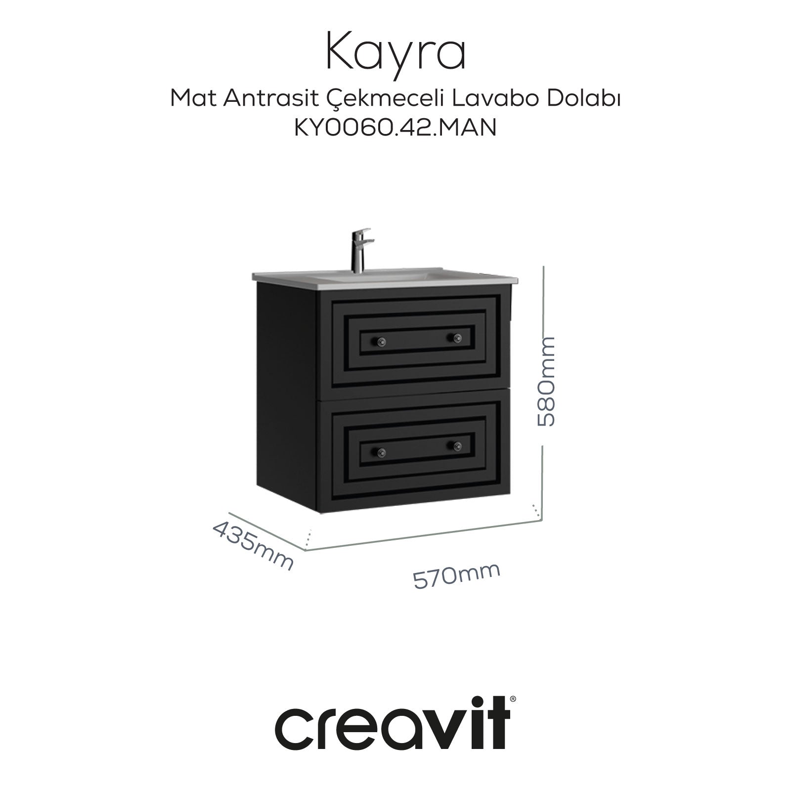 Kayra Waschbeckenunterschrank mit Schubladen, 60 cm, Anthrazit matt