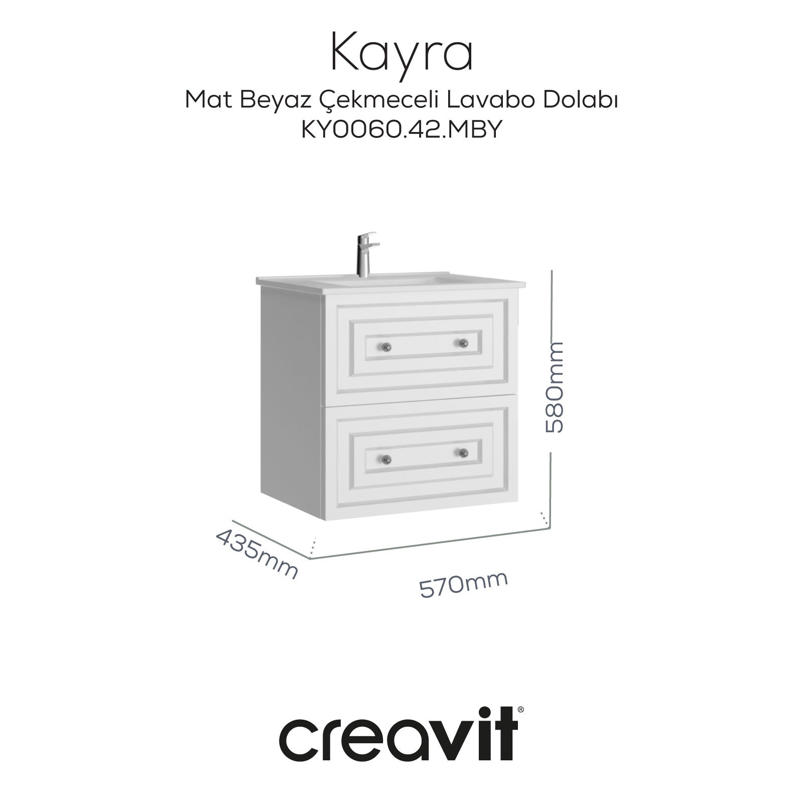 Kayra Waschbeckenunterschrank mit Schubladen, 60 cm, Mattweiß