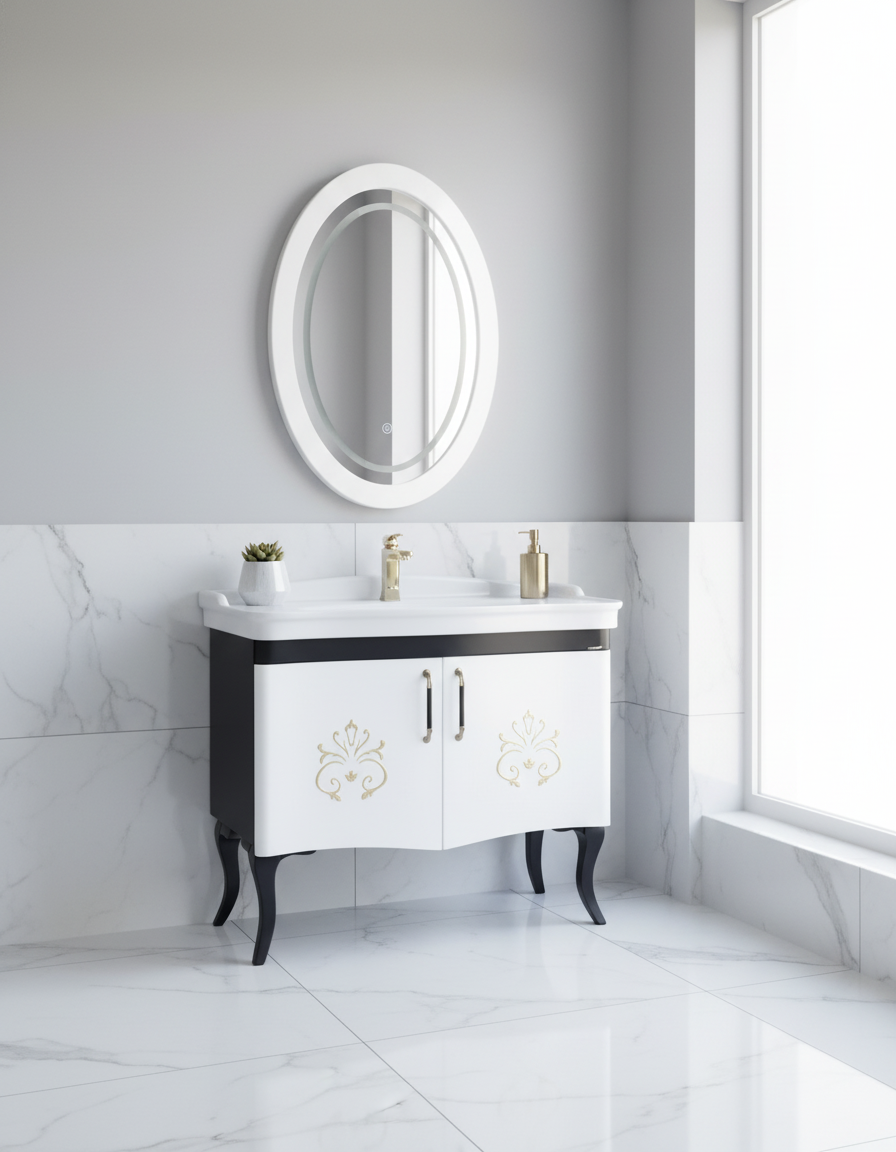 Antik 100 Cm Lavabo Dolabı Desenli Siyah - Beyaz