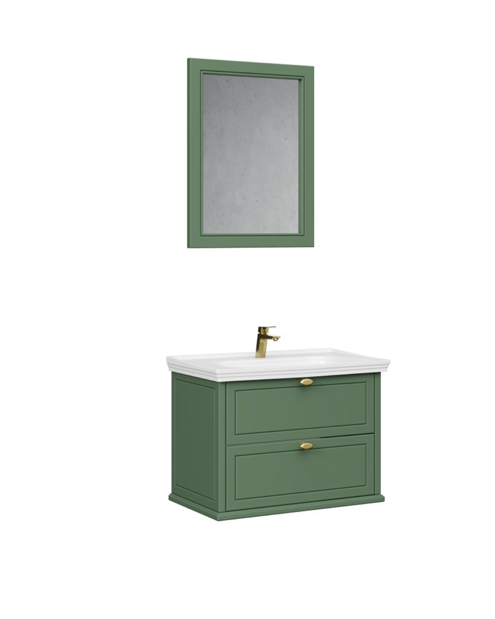 Antik İki Çekmeceli 80 Cm Zeytuni Lavabo Dolabı İkili Set