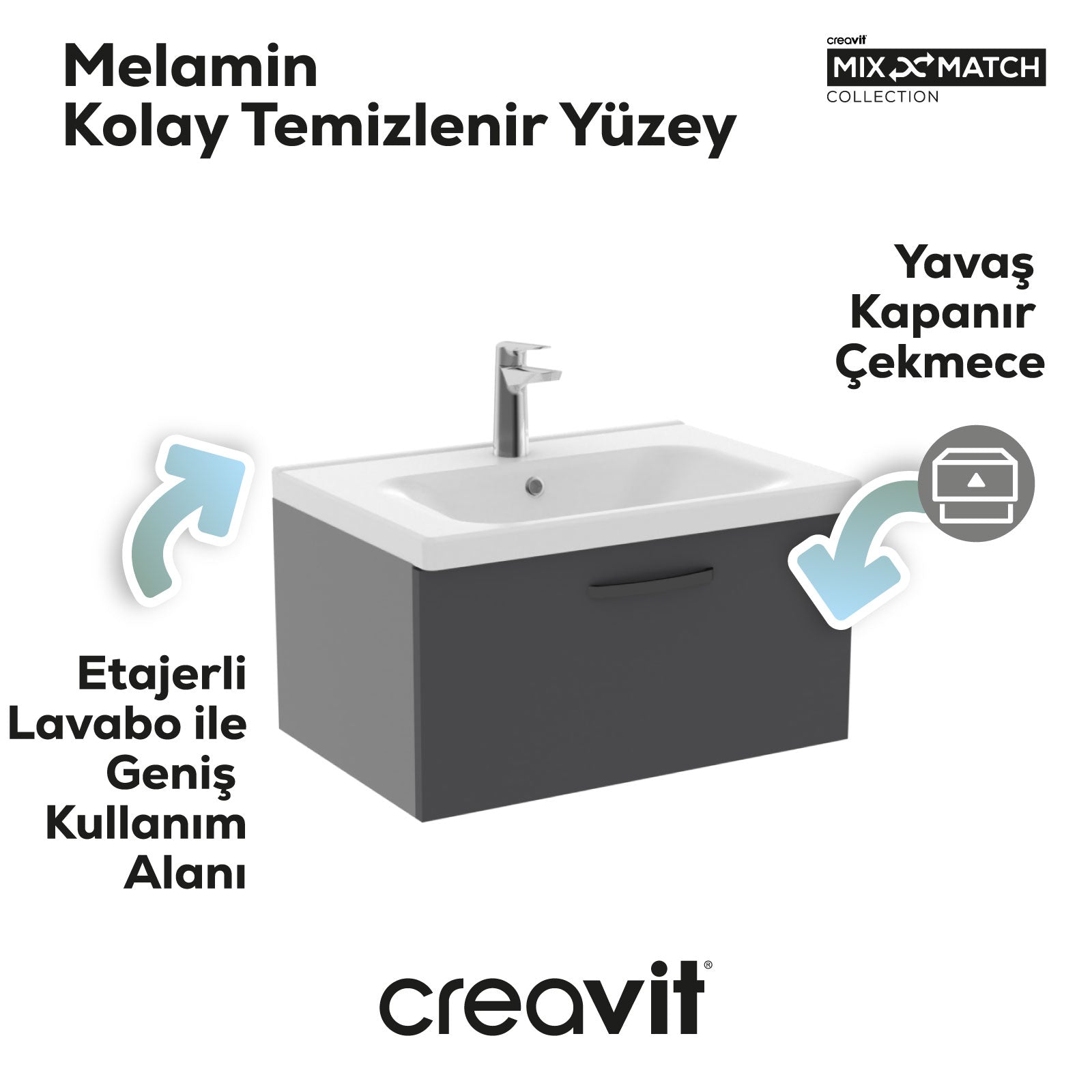 D10 Eksen Lavabo Dolabı Çekmeceli 65 cm Antrasit - Creavit | Banyo Bu Tarafta