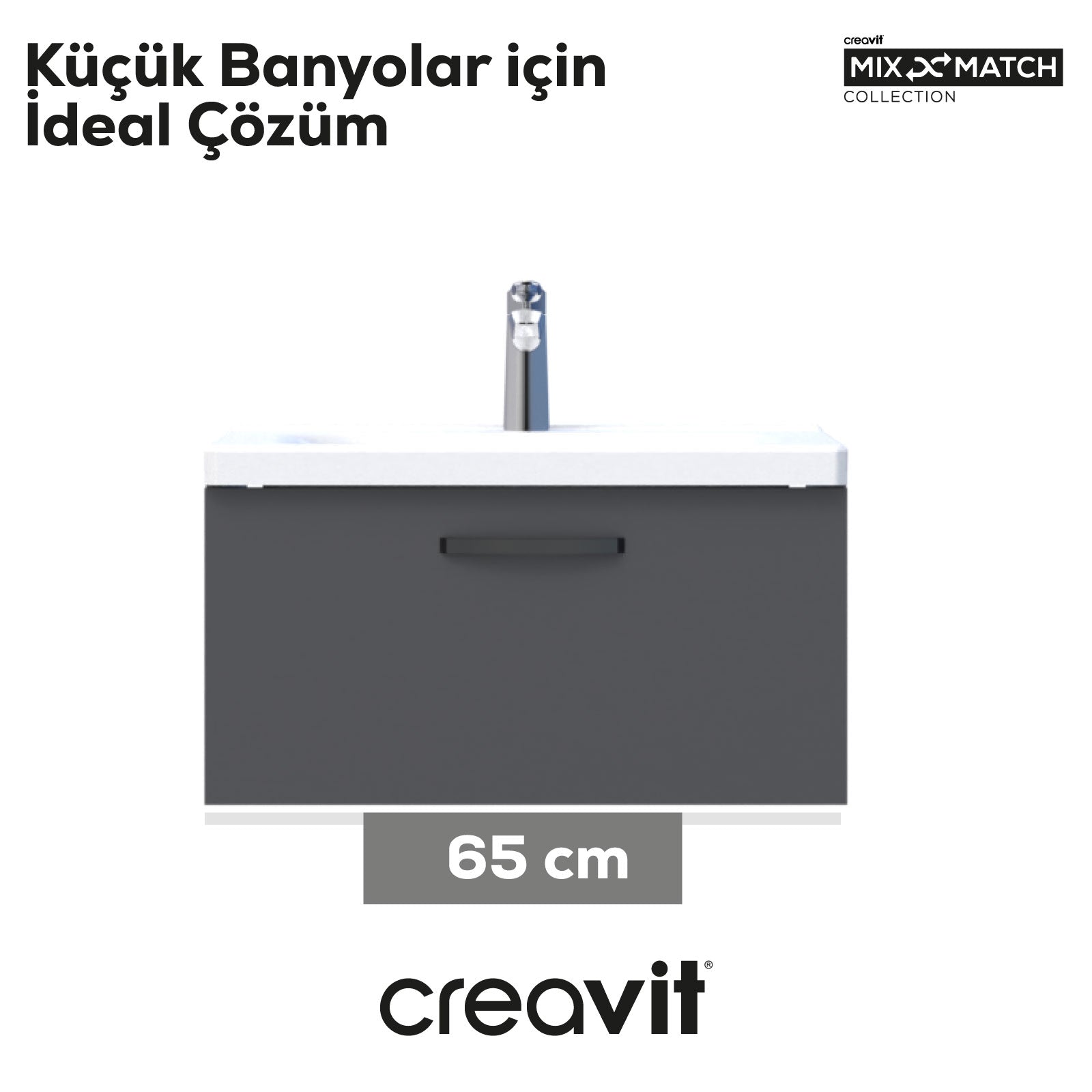 D10 Eksen Lavabo Dolabı Çekmeceli 65 cm Antrasit - Creavit | Banyo Bu Tarafta