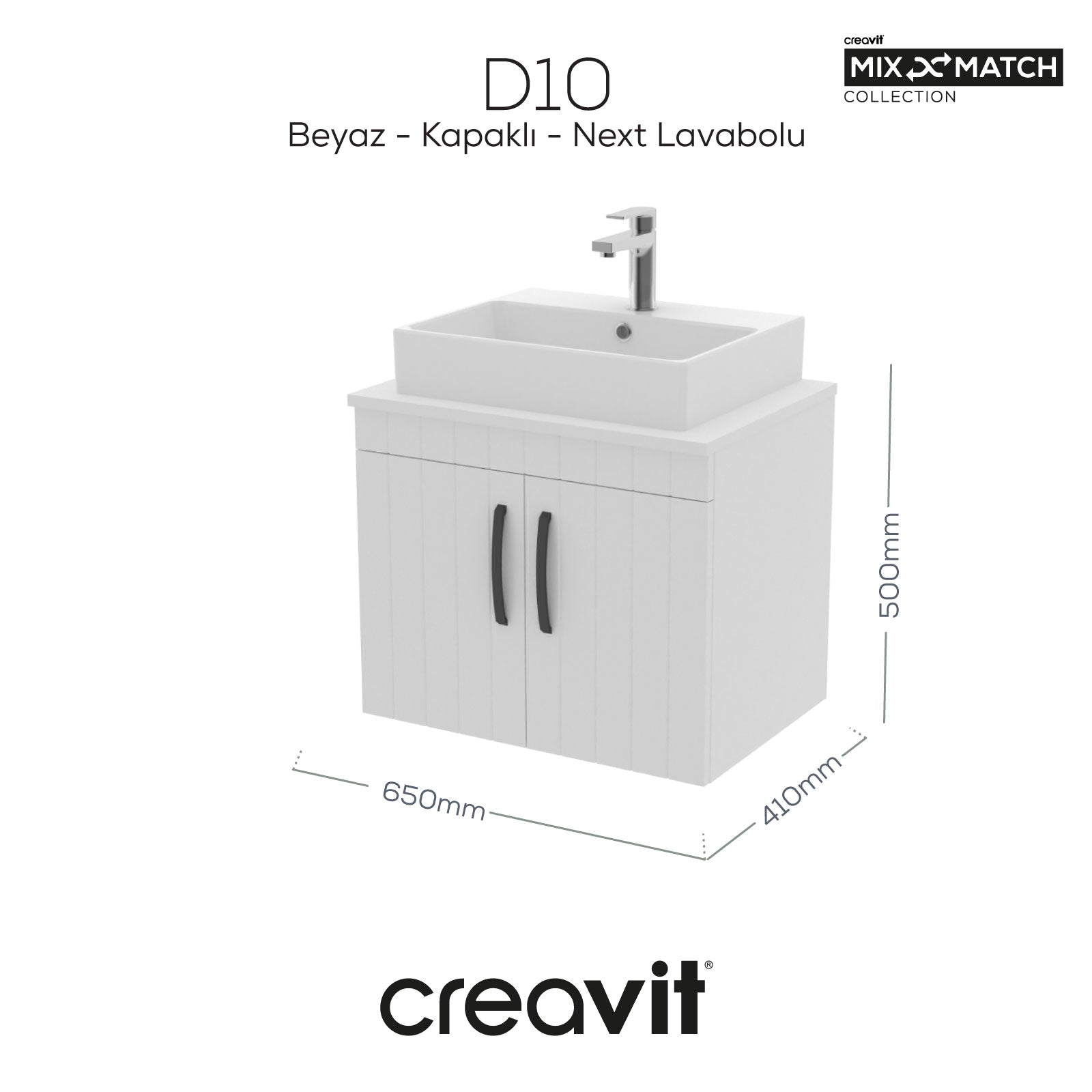 D10 Next Lavabo Dolabı Kapaklı 65 cm Beyaz Gövde Lake Kapak - Creavit | Banyo Bu Tarafta