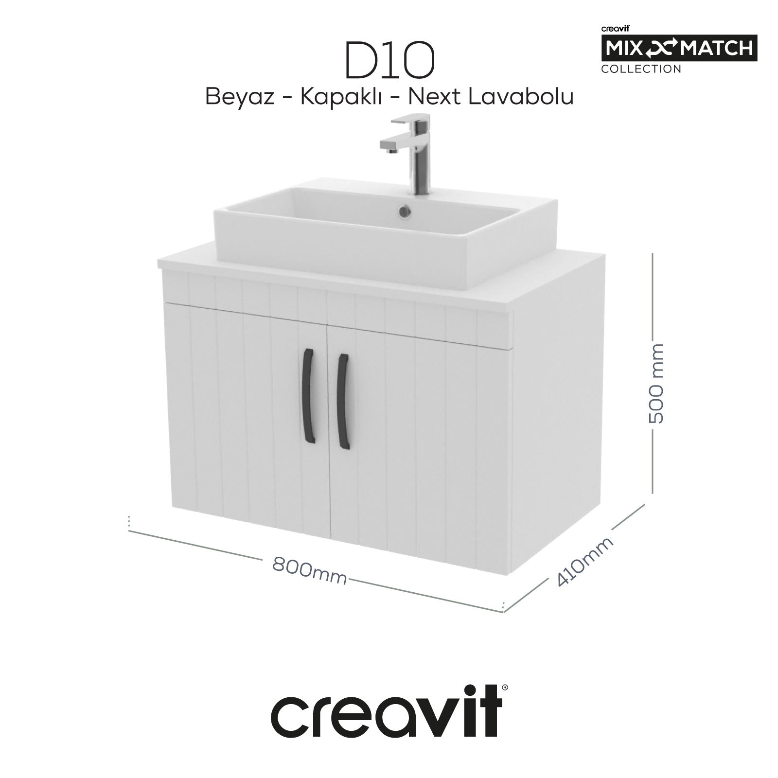 D10 Next Lavabo Dolabı Kapaklı 80 cm Beyaz Gövde Lake Kapak - Creavit | Banyo Bu Tarafta