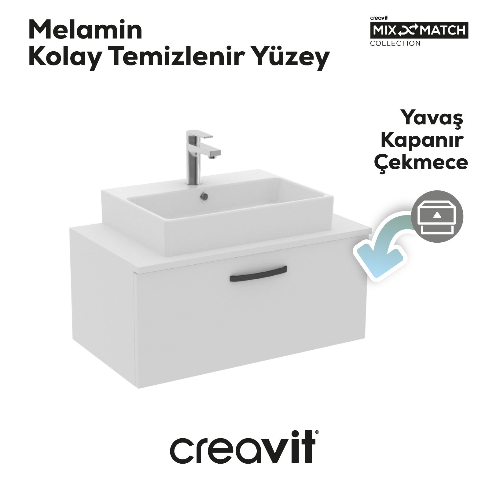 D10 Next Lavabo Dolabı Çekmeceli 80 cm Beyaz Melamin Gövde - Creavit | Banyo Bu Tarafta