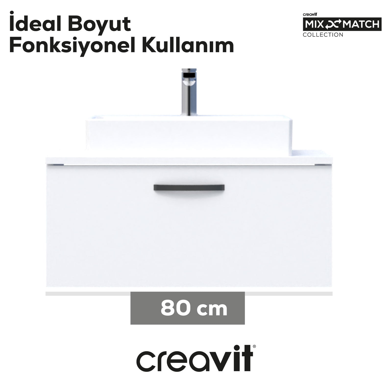 D10 Next Lavabo Dolabı Çekmeceli 80 cm Beyaz Melamin Gövde - Creavit | Banyo Bu Tarafta