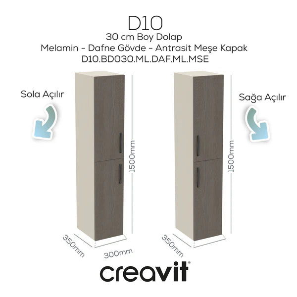 D10 30cm SOL Boy Dolabı Melamin Dafne Gövde Melamin Meşe Kapak