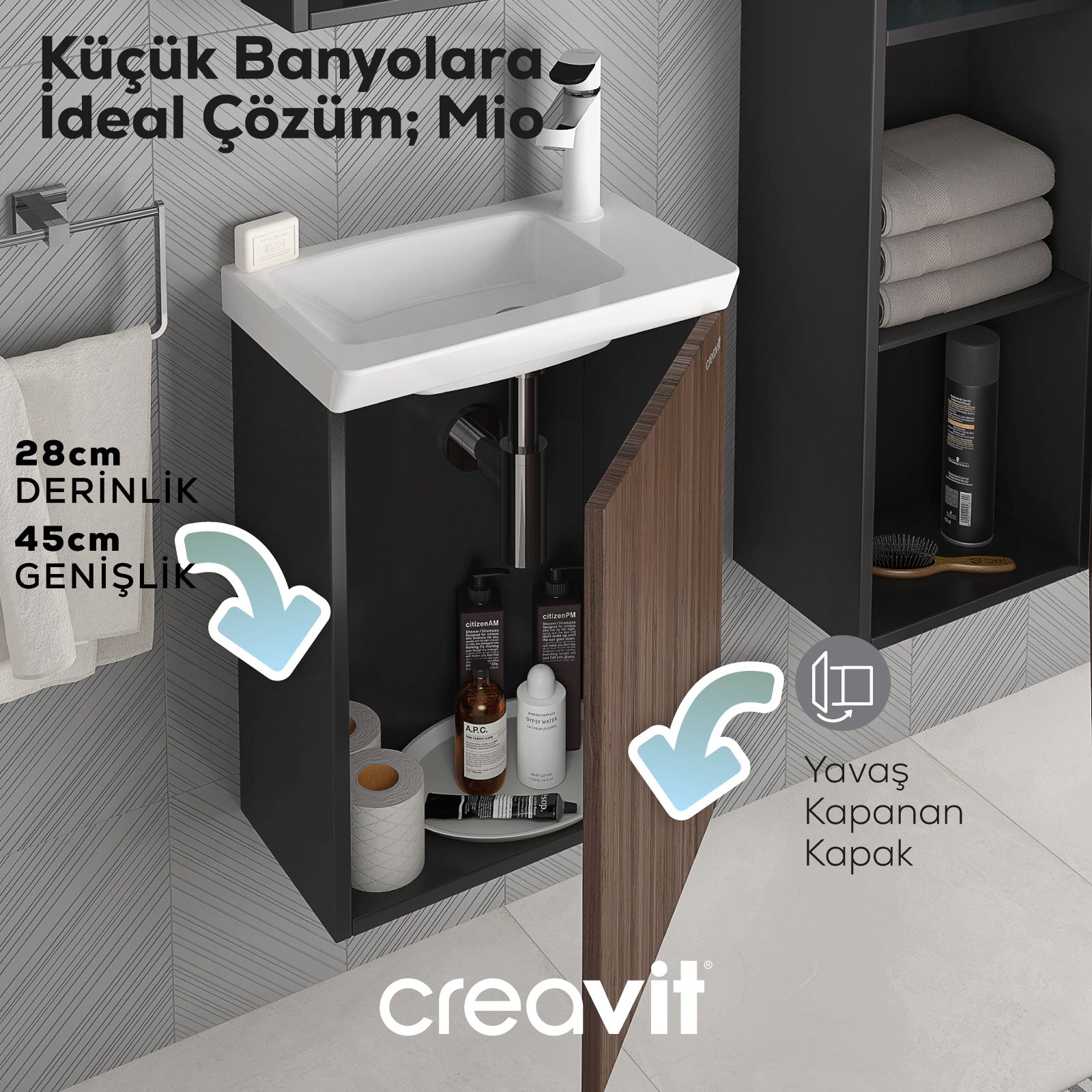 Mio Lavabo Dolabı 45 cm Antrasit-Kansas - Creavit | Banyo Bu Tarafta