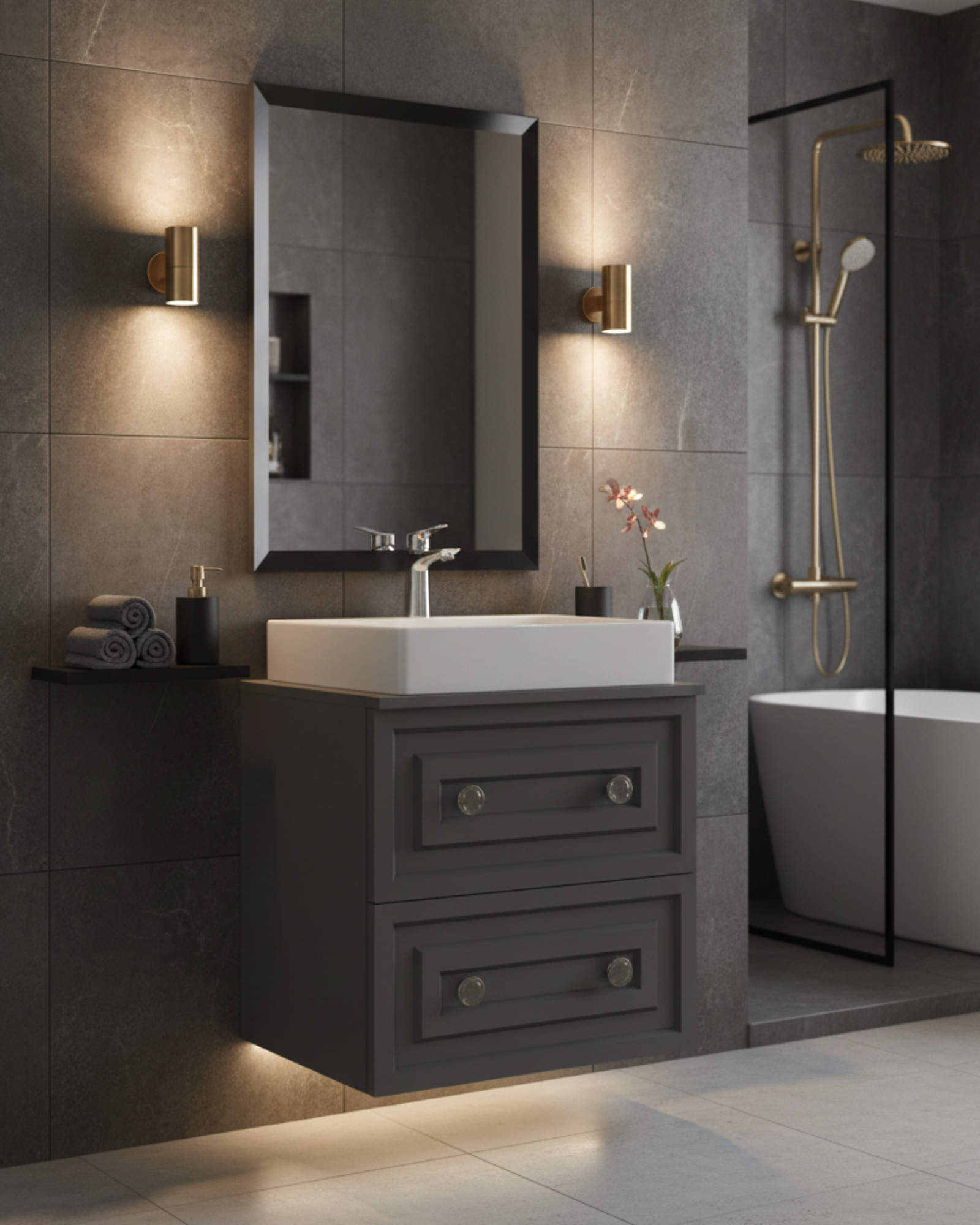 Perge 60 Cm Lavabo Dolabı Mat Gri ve Led Ayna