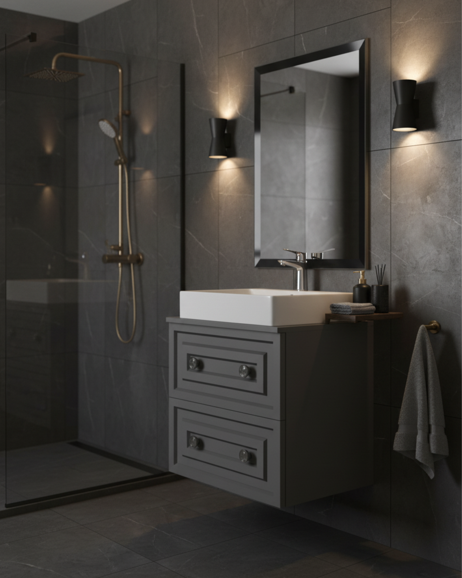 Perge 60 Cm Lavabo Dolabı Mat Gri ve Led Ayna