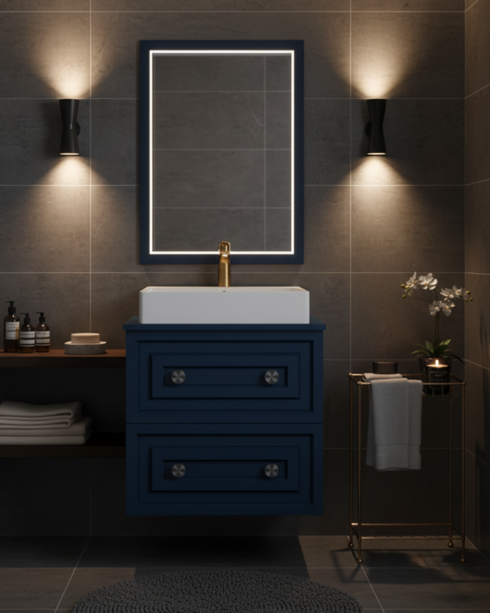Perge 60 Cm Lavabo Dolabı Mat Safir Blue ve Led Ayna