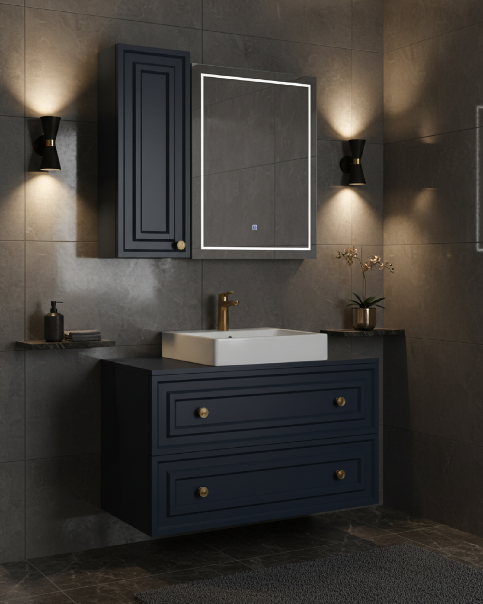 Perge 100 Cm Lavabo Dolabı Mat Safir Blue Led Ayna ve Ayna Yan Dolap Seti