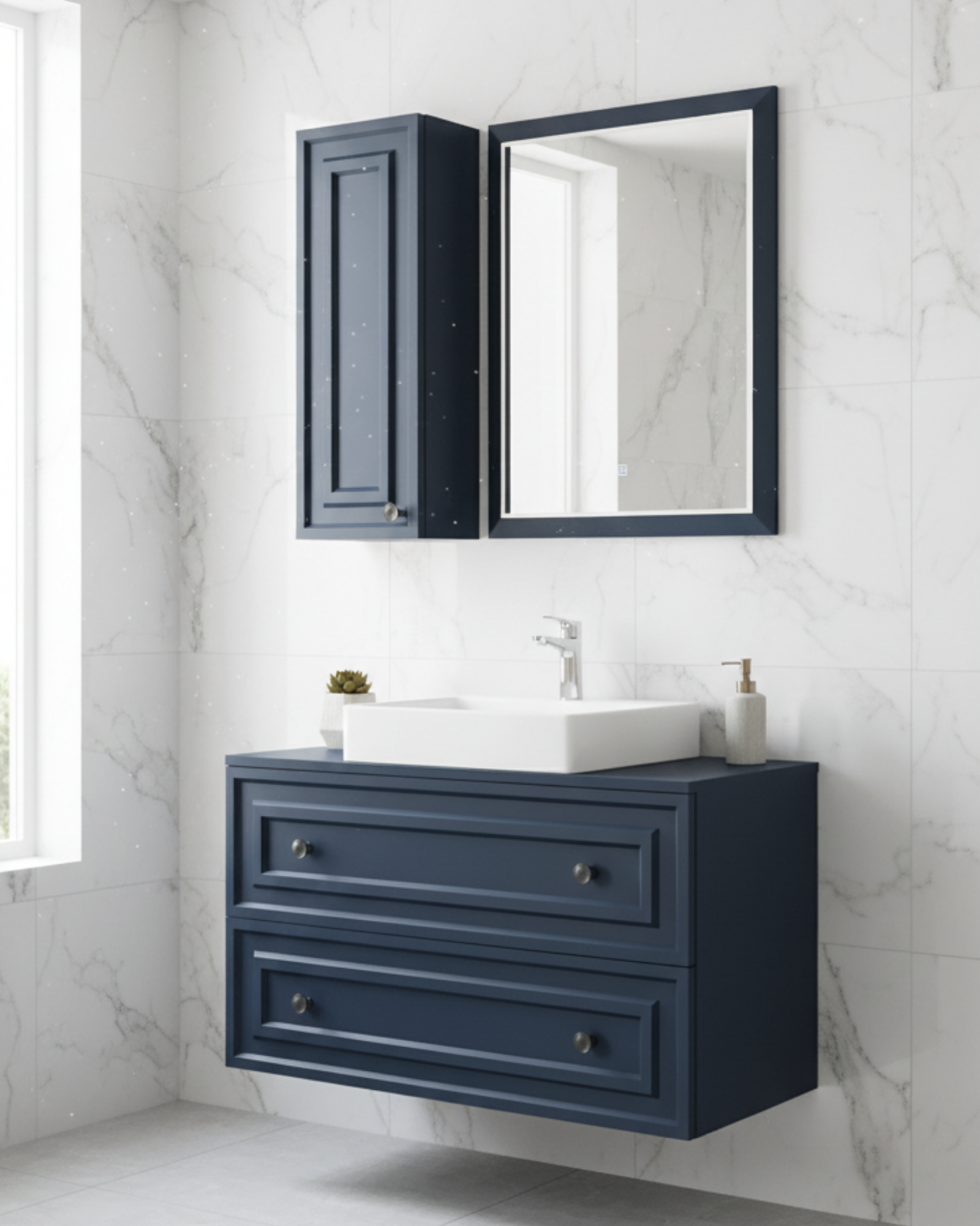 Perge 100 Cm Lavabo Dolabı Mat Safir Blue Led Ayna ve Ayna Yan Dolap Seti