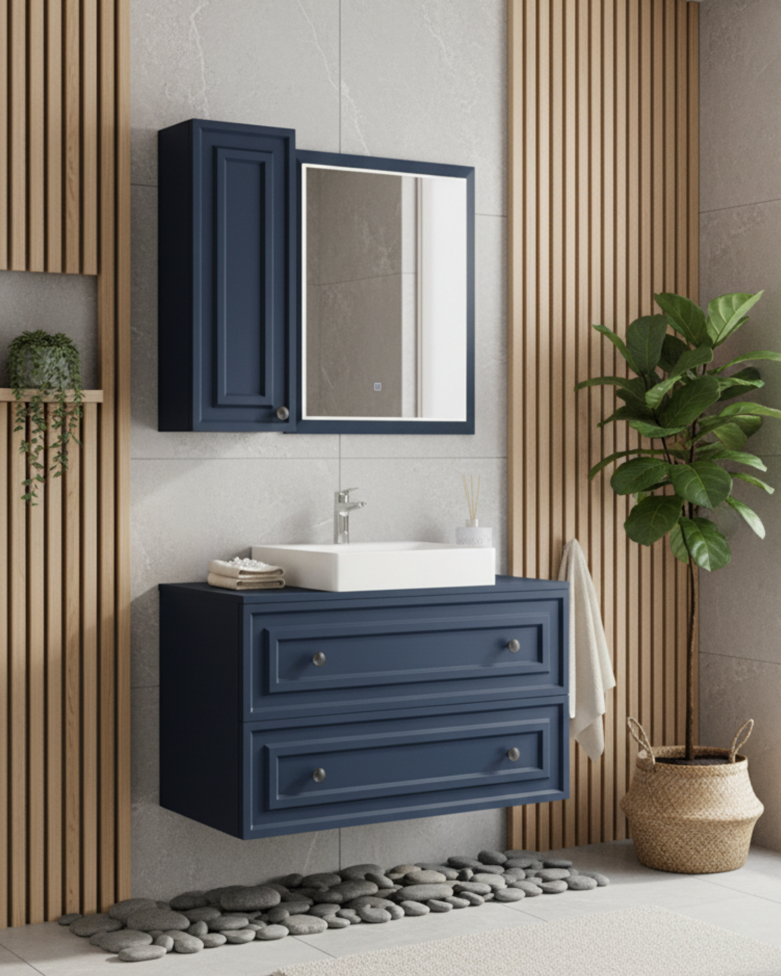 Perge 100 Cm Lavabo Dolabı Mat Safir Blue Led Ayna ve Ayna Yan Dolap Seti