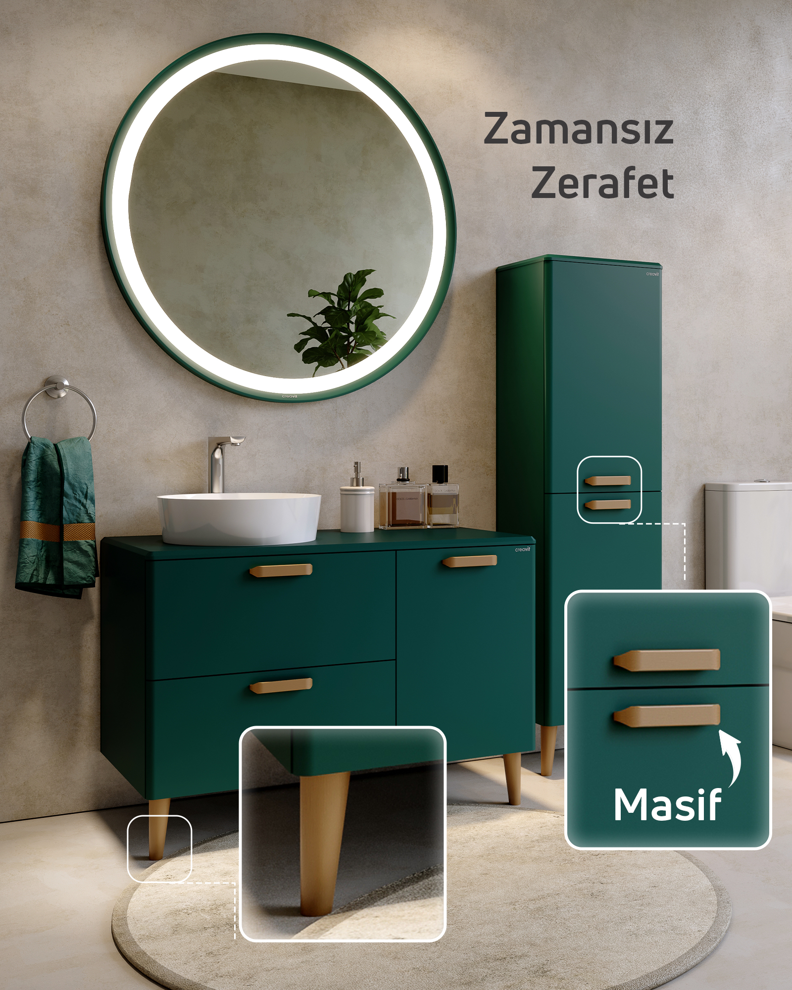 Patara Lavabo Dolabı 100cm Mat Yeşil