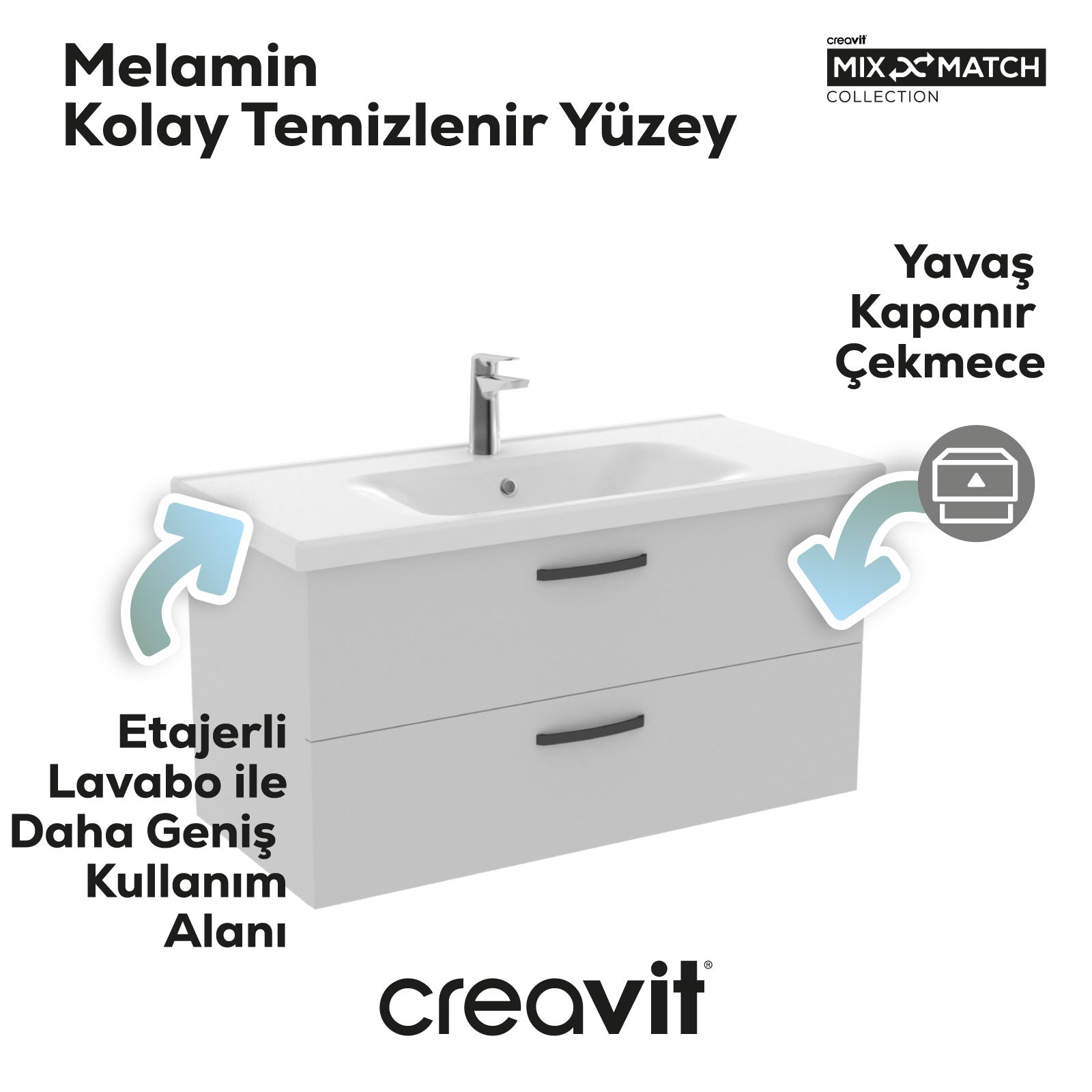 D10 100 Cm İki Çekmeceli Lavabo Dolabı Melamin Gövde Melamin Kapak Beyaz