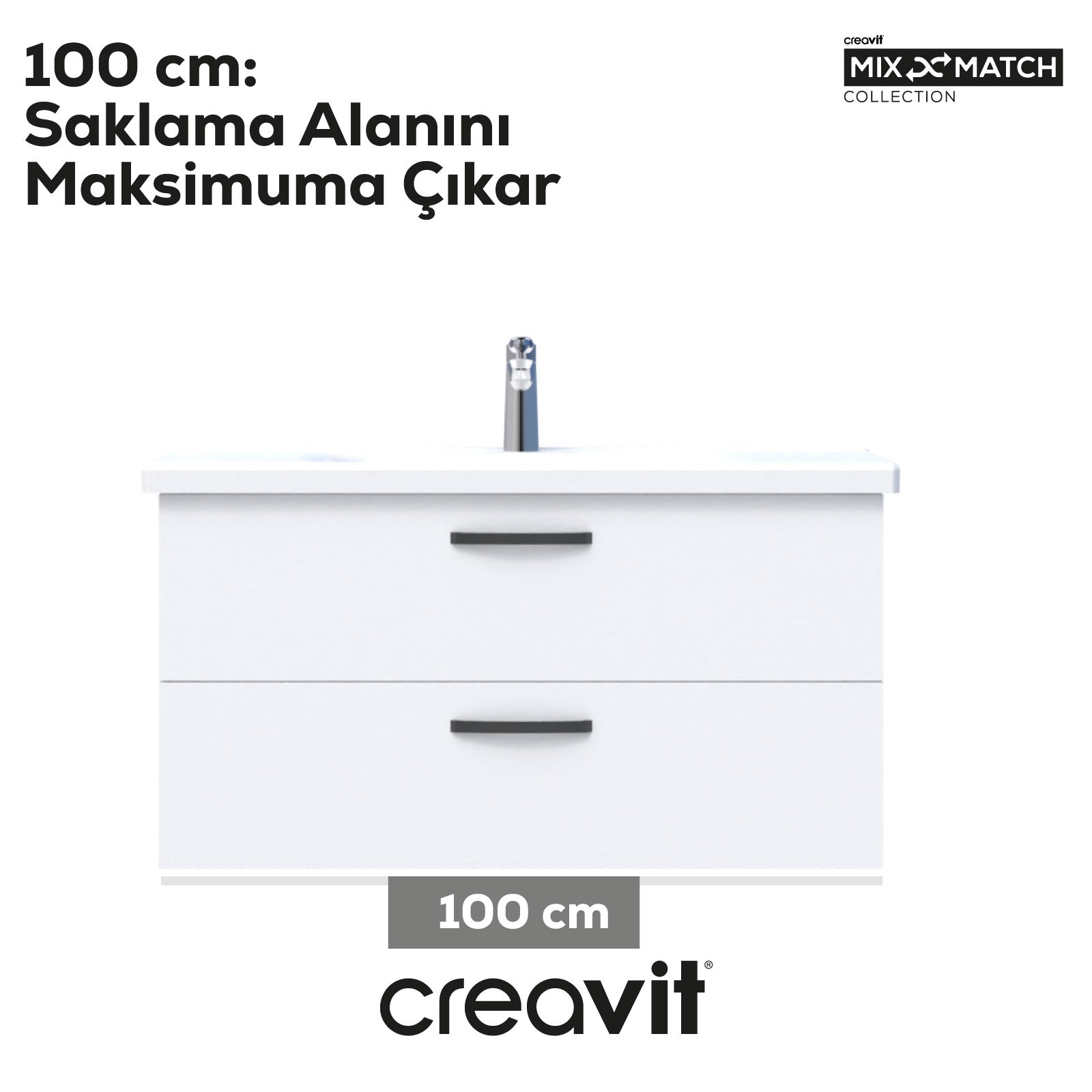 D10 100 Cm İki Çekmeceli Lavabo Dolabı Melamin Gövde Melamin Kapak Beyaz