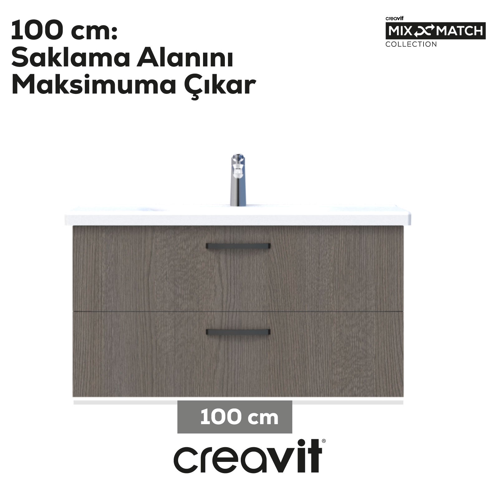 D10 100 Cm İki Çekmeceli Lavabo Dolabı Melamin Dafne Gövde Melamin Meşe Kapak