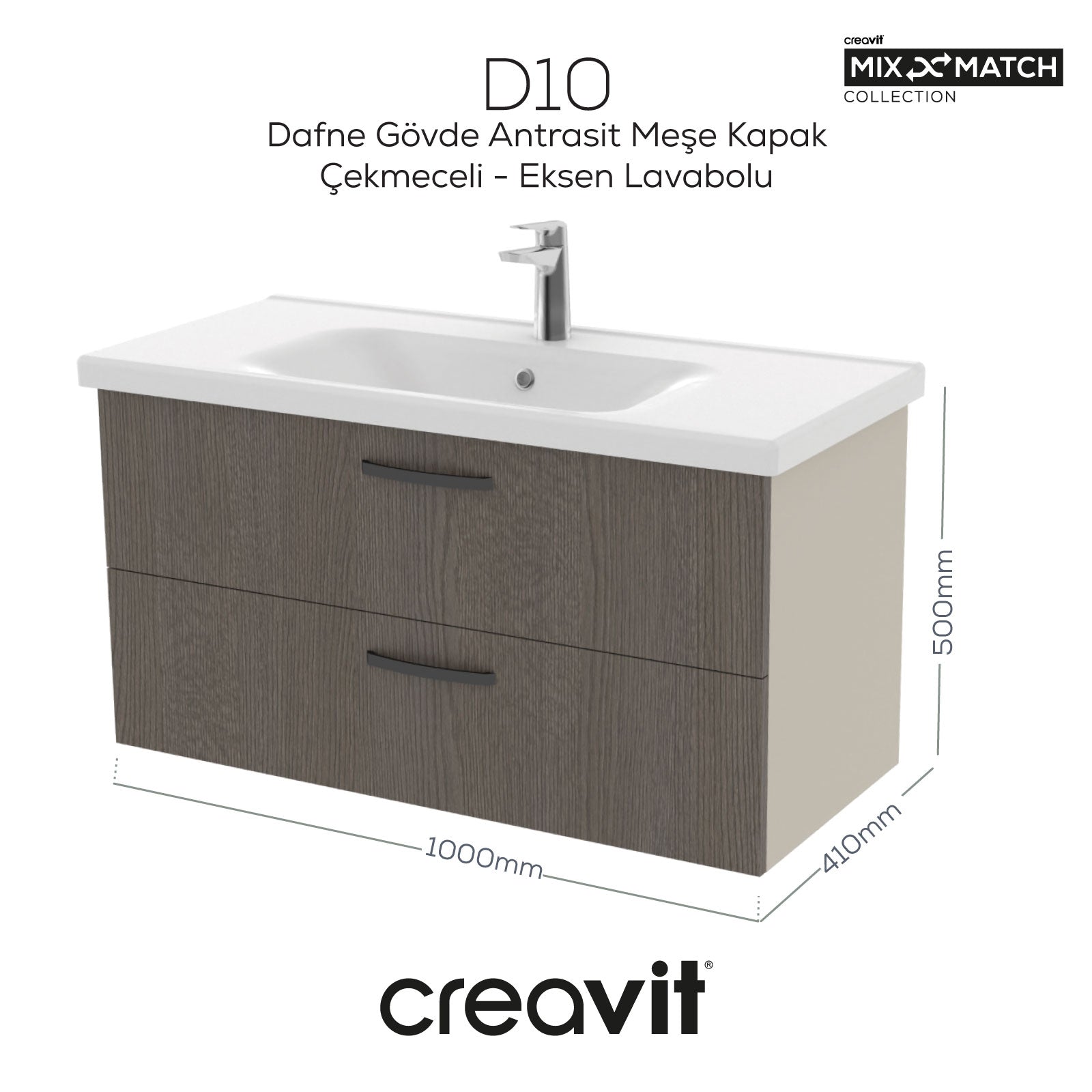 D10 100 Cm İki Çekmeceli Lavabo Dolabı Melamin Dafne Gövde Melamin Meşe Kapak