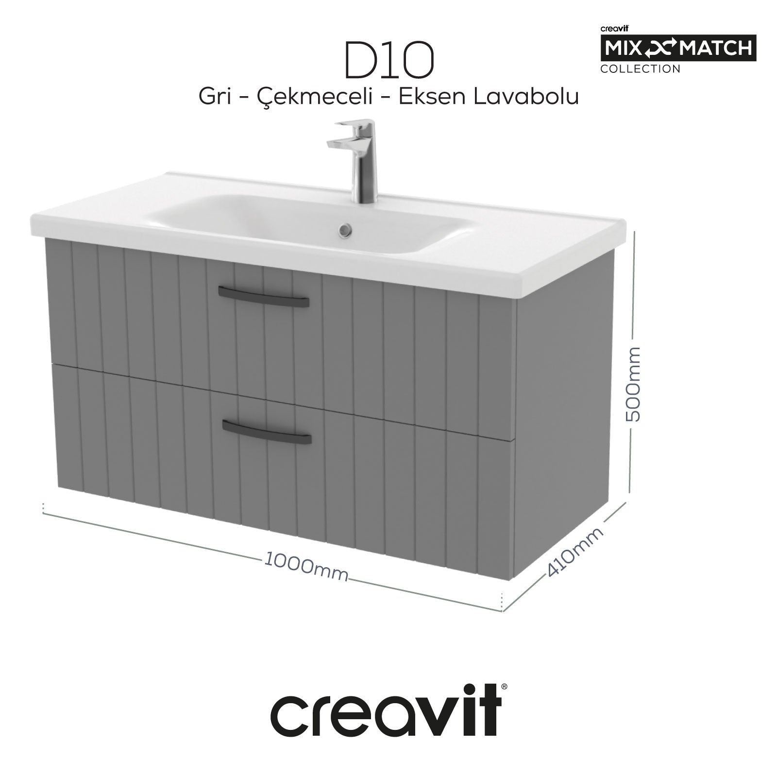 D10 100cm Eksen Lavabo Dolabı Melamin Gri Gövde Lake Gri Kapak