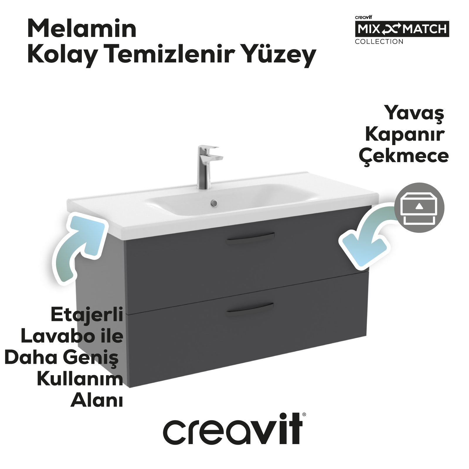 D10 100 Cm İki Çekmeceli Lavabo Dolabı Melamin Gri Gövde Melamin Antrasit Kapak
