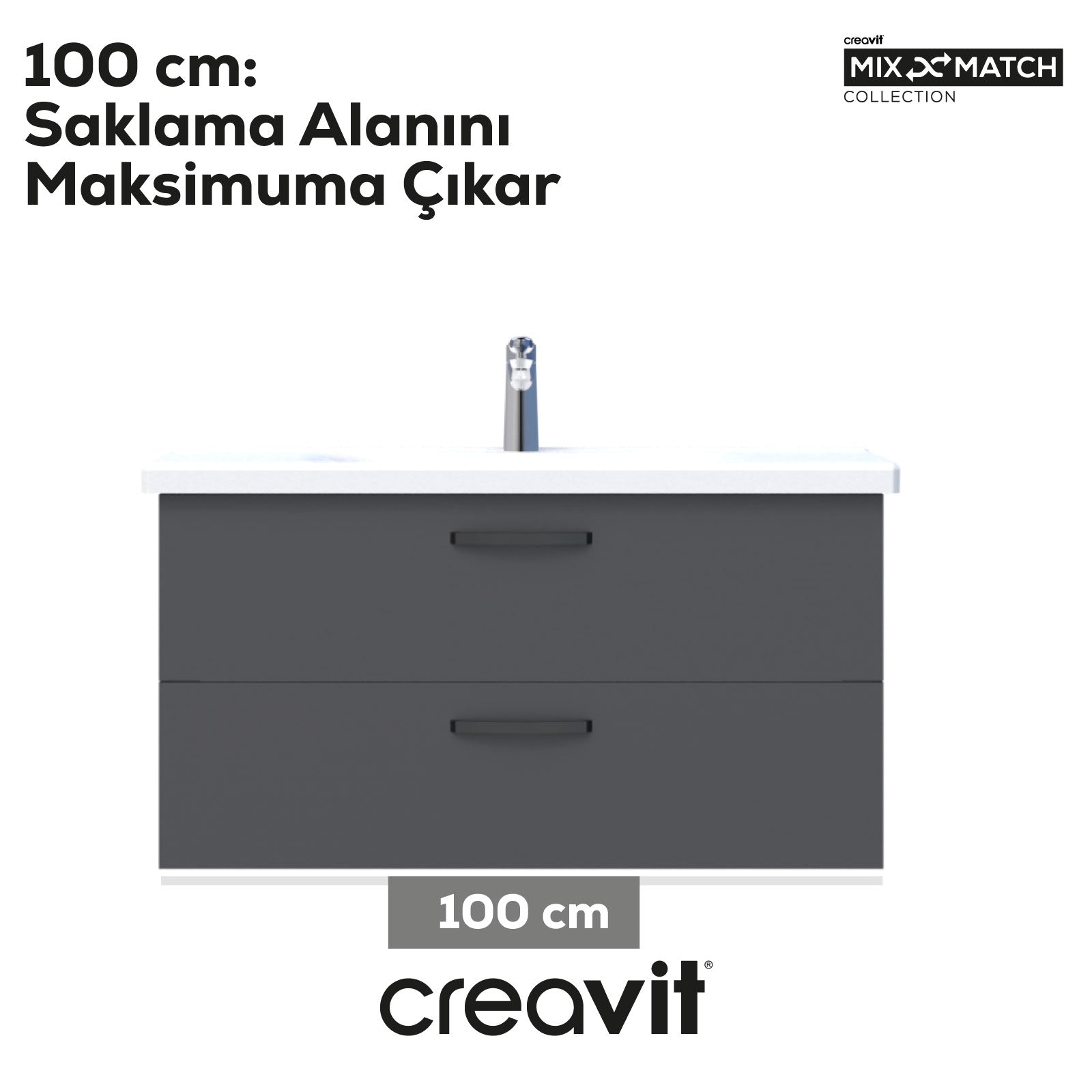 D10 100 Cm İki Çekmeceli Lavabo Dolabı Melamin Gri Gövde Melamin Antrasit Kapak