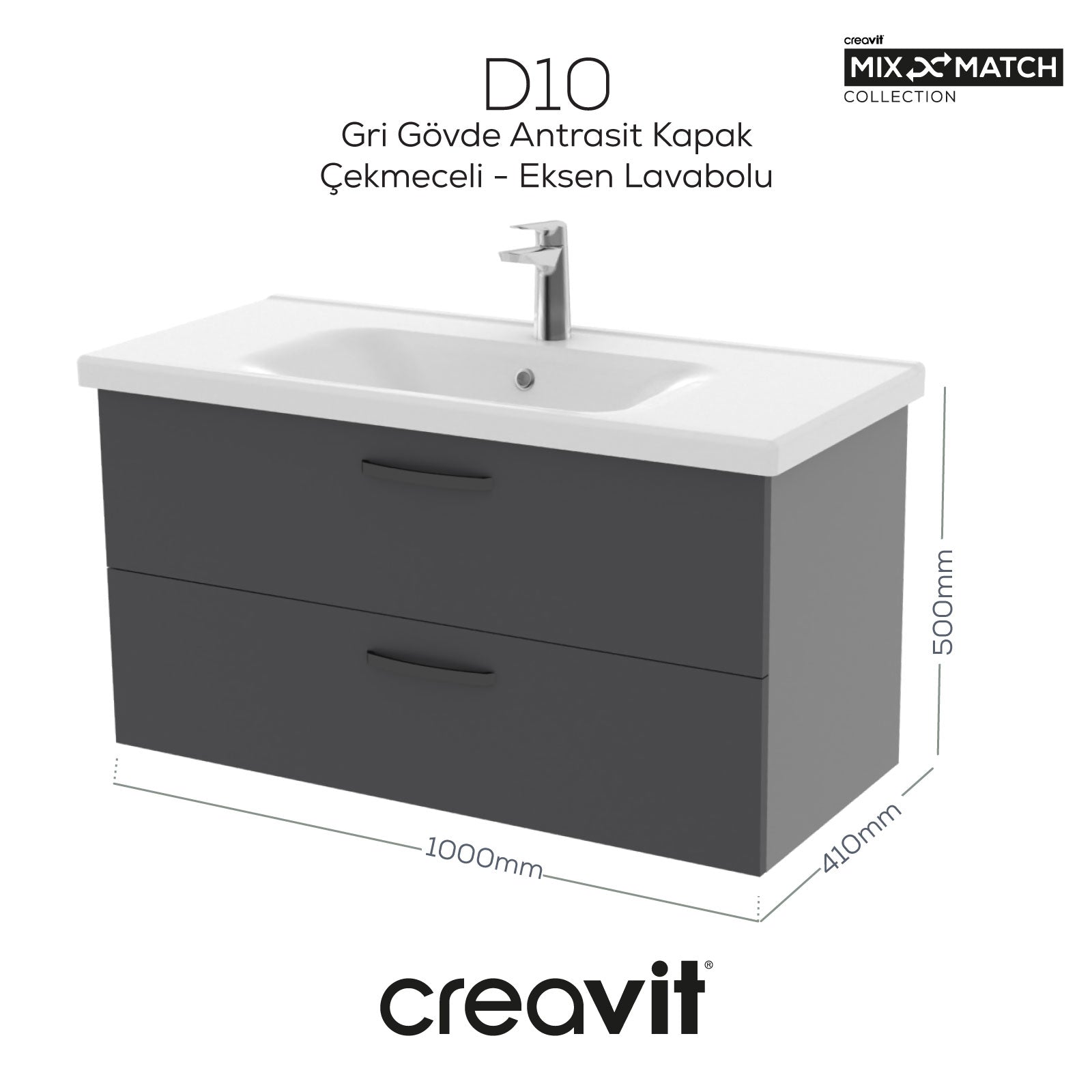 D10 100 Cm İki Çekmeceli Lavabo Dolabı Melamin Gri Gövde Melamin Antrasit Kapak