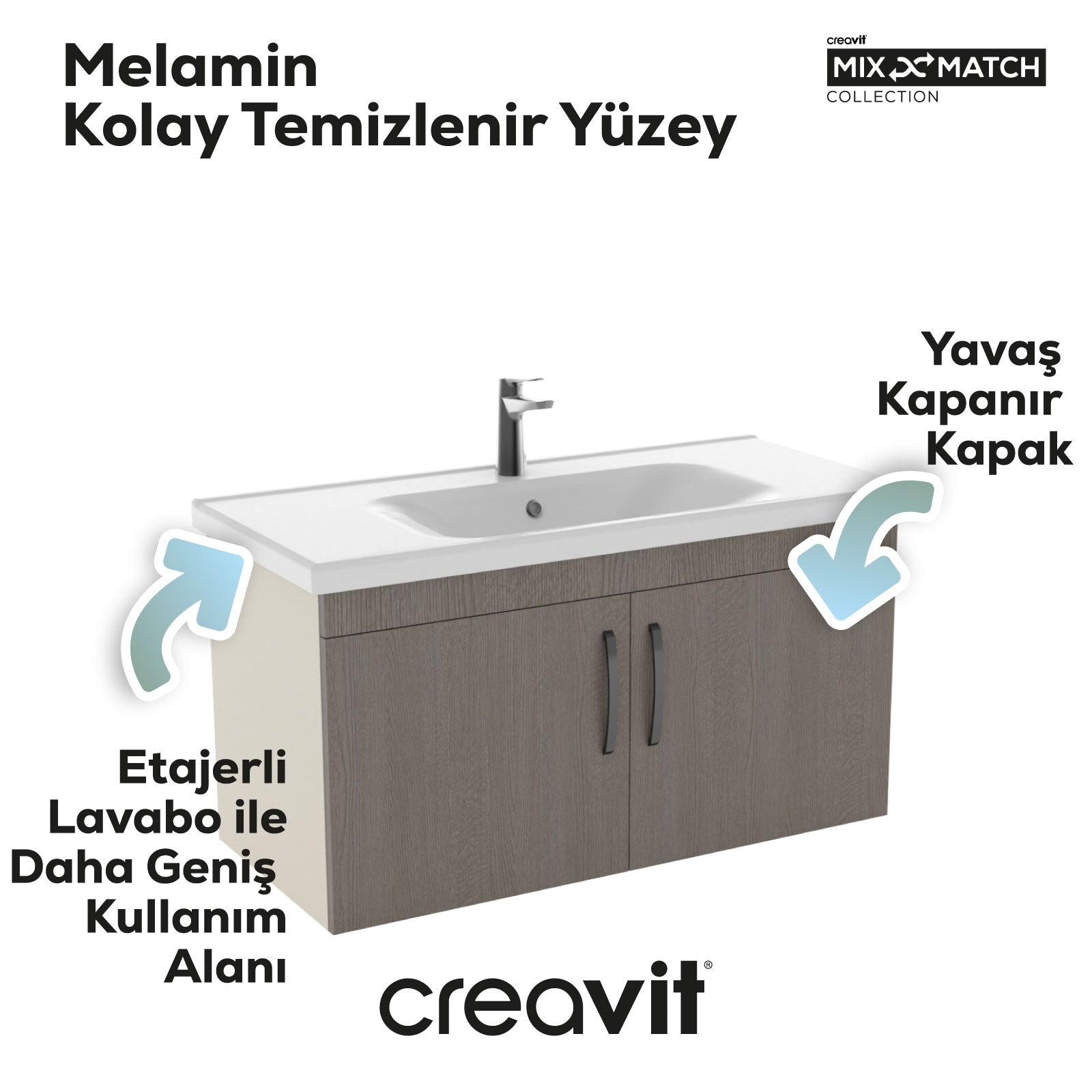 D10 100 Cm Kapaklı Lavabo dolabı Melamin Dafne Gövde Melamin Meşe Kapak