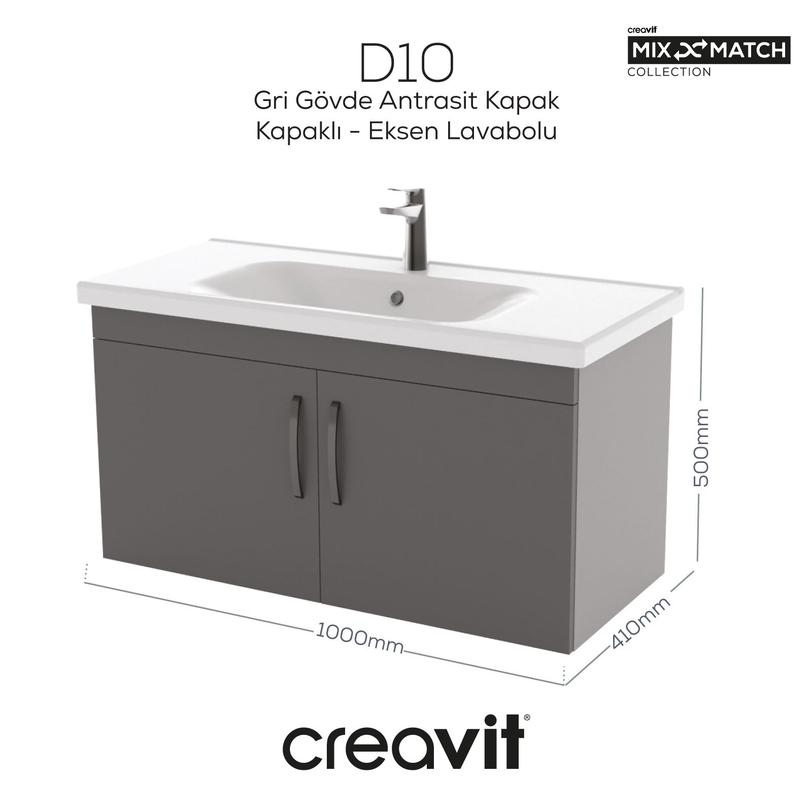 D10 100 Cm Kapaklı Lavabo Dolabı Melamin Gri Gövde Melamin Antrasit Kapak