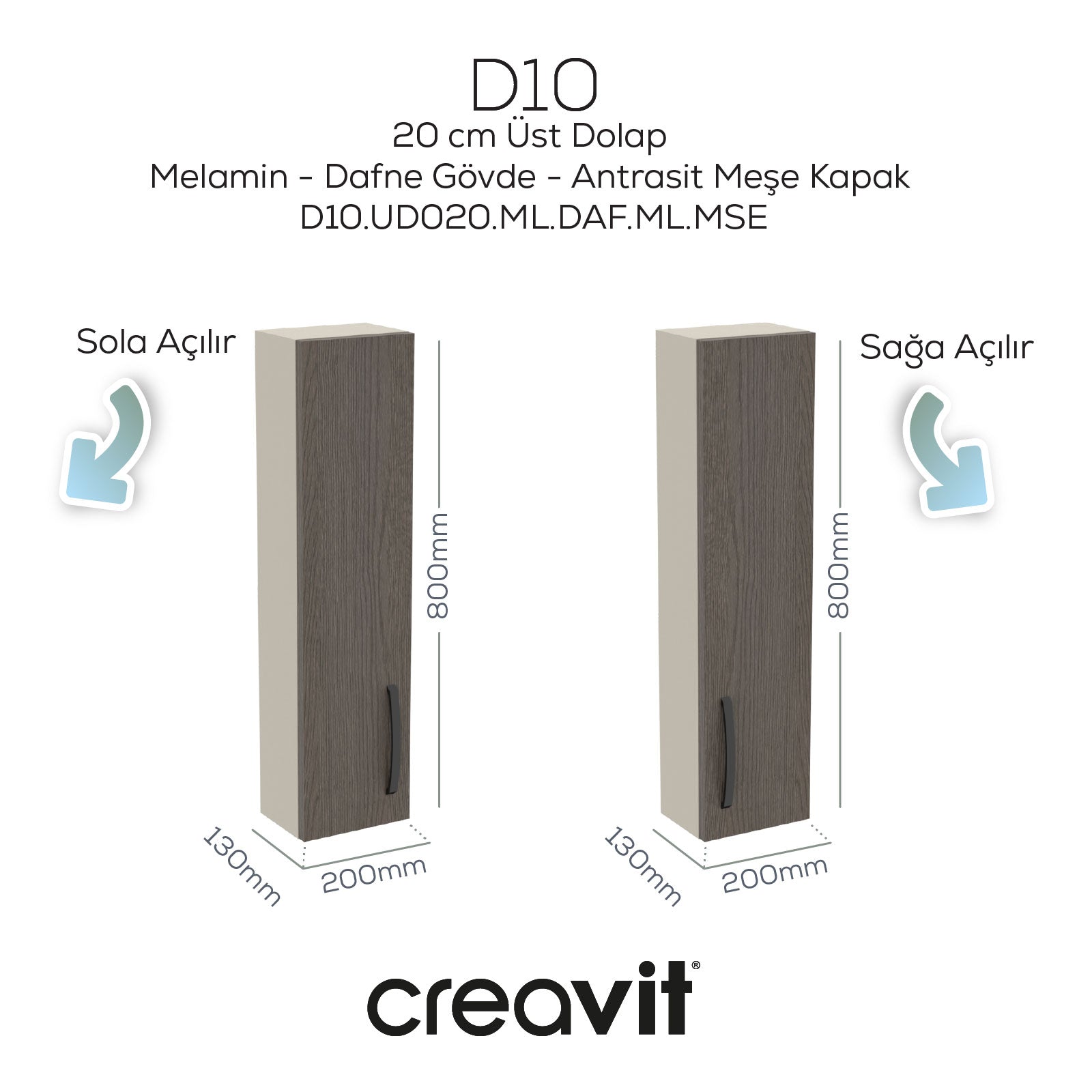 D10 20 cm Links Oberschrank Dafne Melamin Korpus Anthrazit Eiche Tür