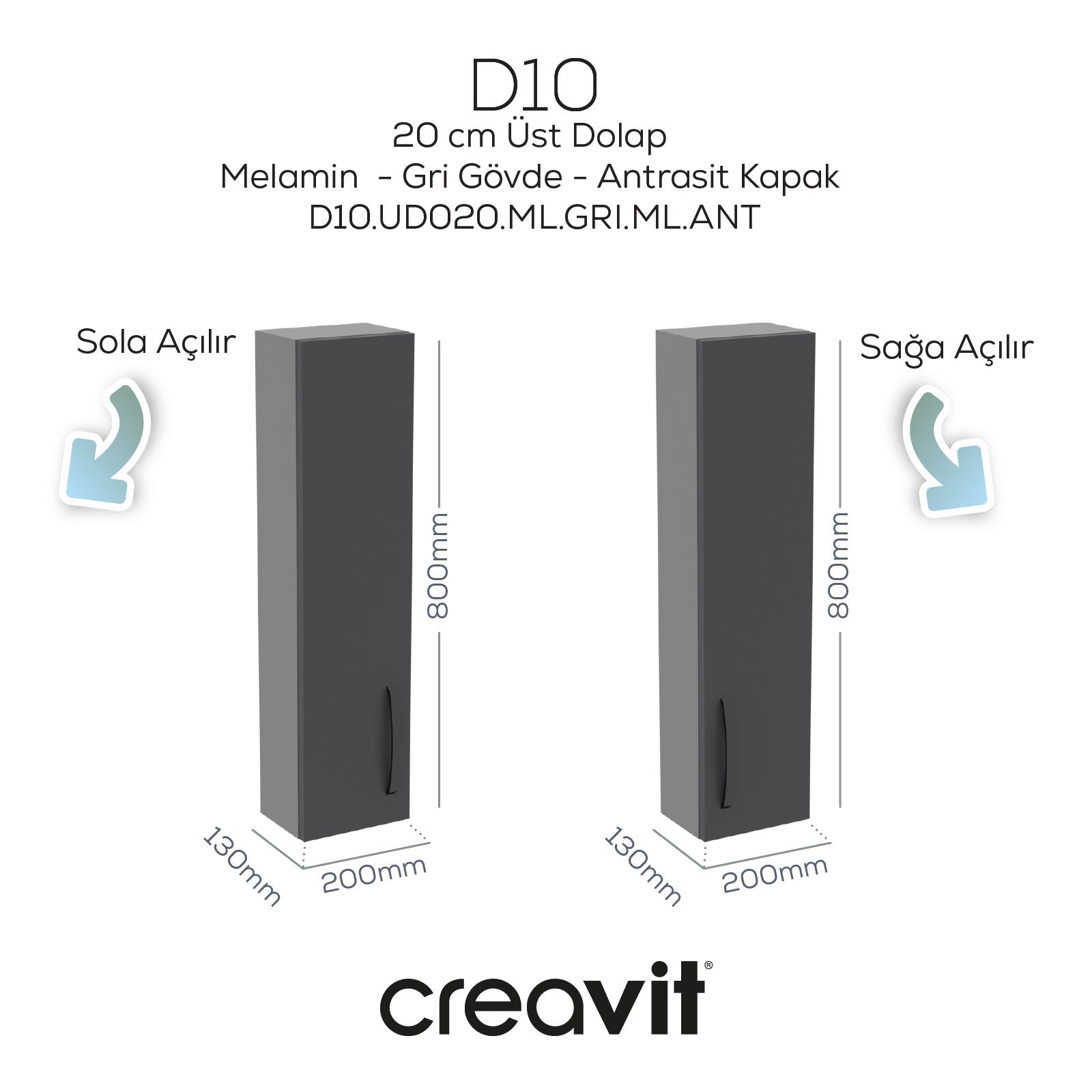 D10 20 cm Sol Üst Dolap Gri Melamin Gövde Antrasit Kapak