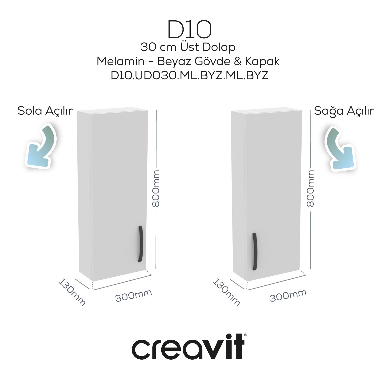 D10 30 cm Sağ Üst Dolap Beyaz Melamin Gövde Melamin Kapak