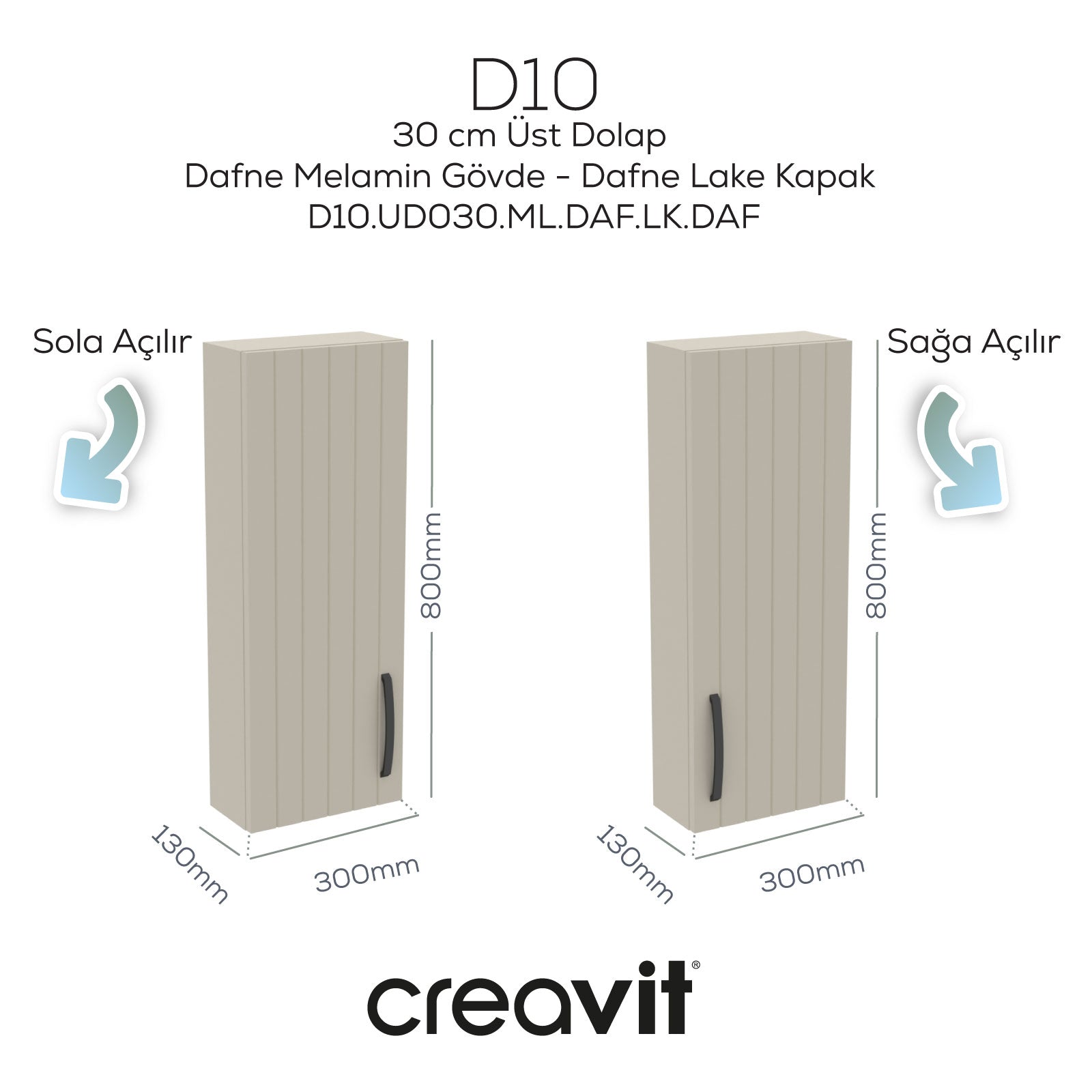D10 30 cm Sağ Üst Dolap Dafne Melamin Gövde Lake Kapak
