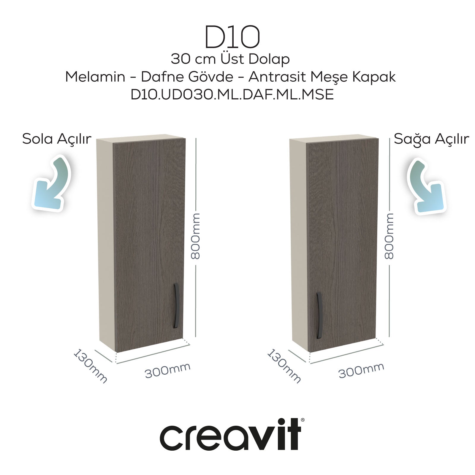 D10 30 cm Links Oberschrank Dafne Melamin Korpus Anthrazit Eiche Tür