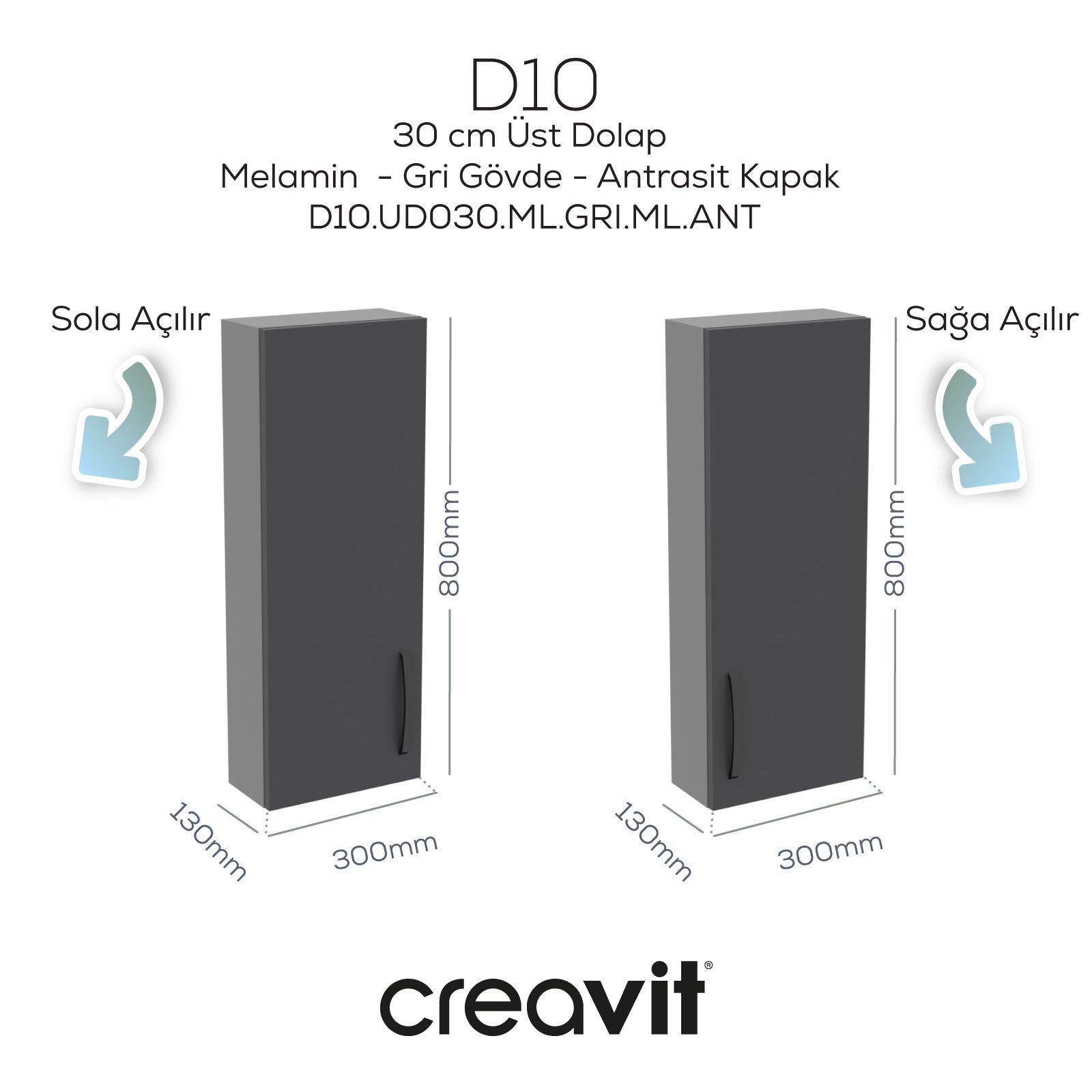 D10 30 cm Sol Üst Dolap Gri Melamin Gövde Antrasit Kapak