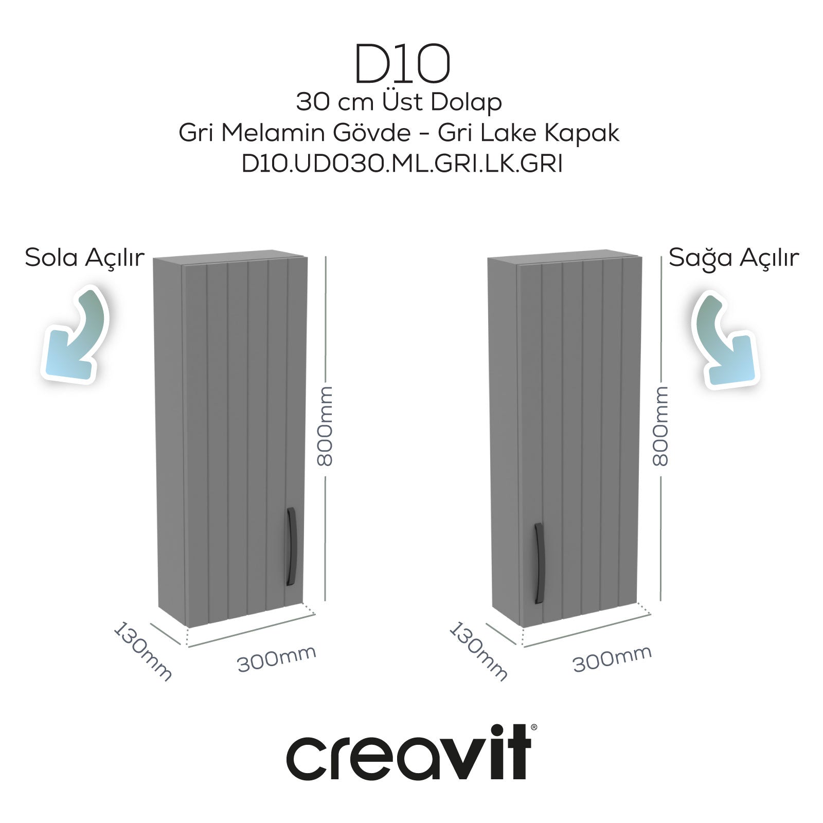 D10 30 cm Sol Üst Dolap Gri Melamin Gövde Lake Kapak