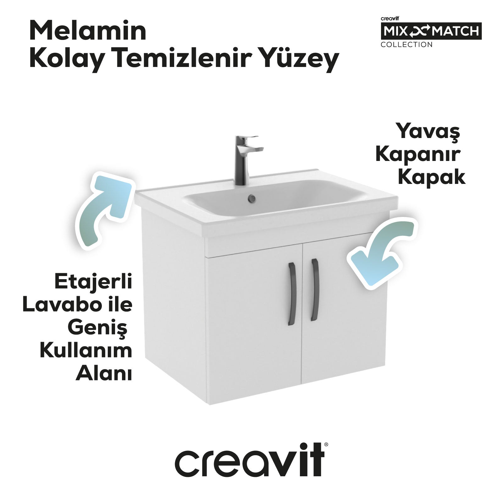 D10 65cm Eksen Lavabo Dolabı Kapaklı Melamin Beyaz Gövde Melamin Beyaz Kapak