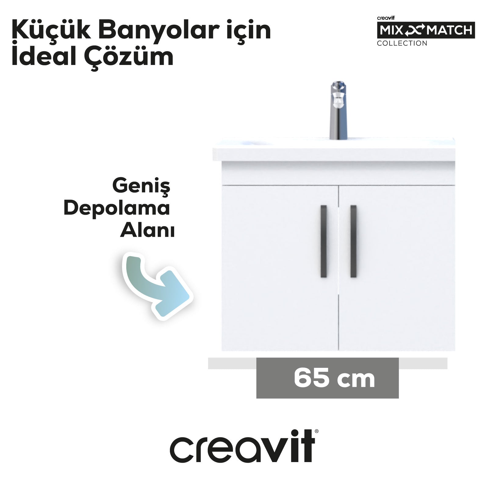D10 65cm Eksen Lavabo Dolabı Kapaklı Melamin Beyaz Gövde Melamin Beyaz Kapak
