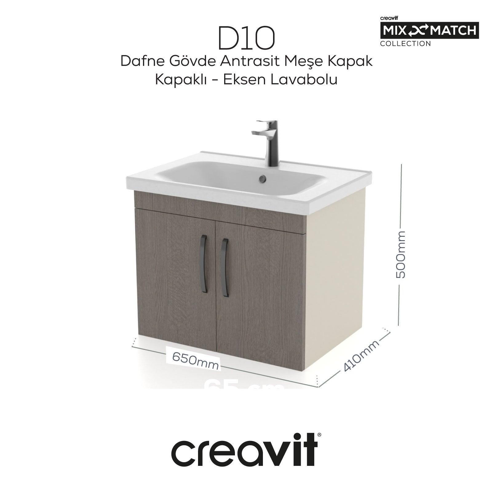 D10 65cm Eksen Lavabo Dolabı Kapaklı Melamin Dafne Gövde Melamin Antrasit Meşe Kapak