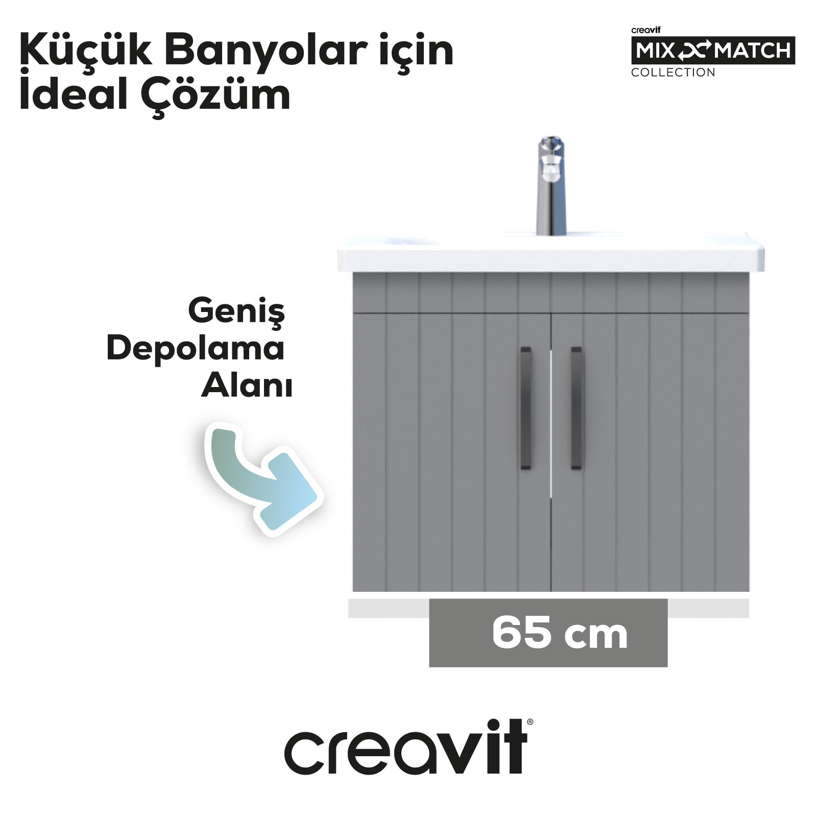D10 65 Cm Kapaklı Lavabo Dolabı Melamin Gri Gövde Lake Gri Kapak