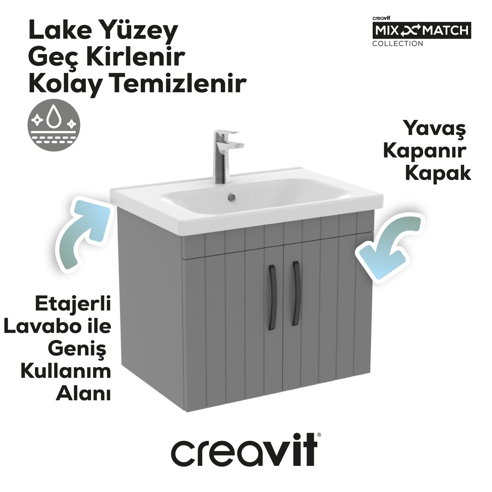 D10 65 Cm Kapaklı Lavabo Dolabı Melamin Gri Gövde Lake Gri Kapak