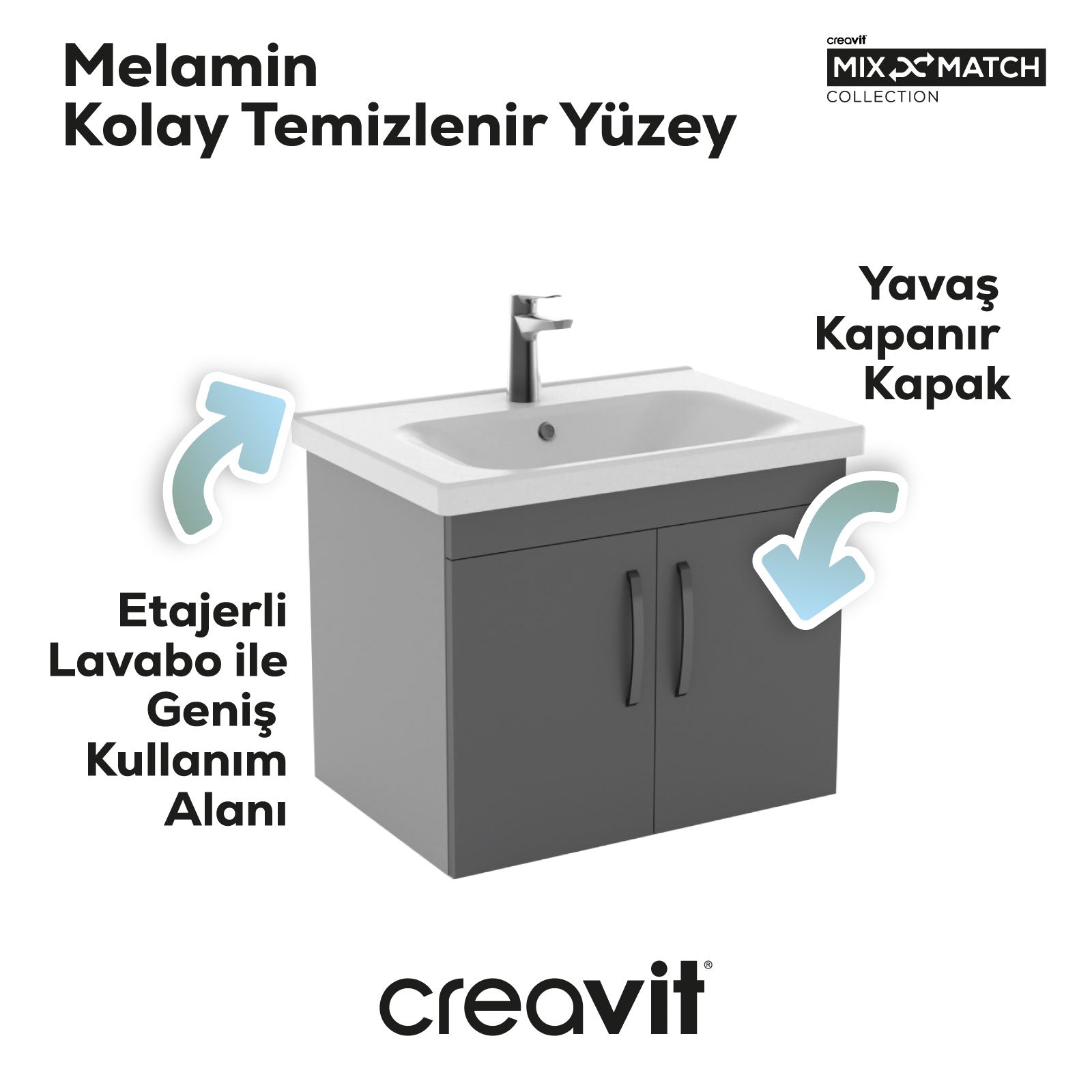 D10 65 Cm Kapaklı Lavabo Dolabı Melamin Gri Gövde Melamin Antrasit Kapak