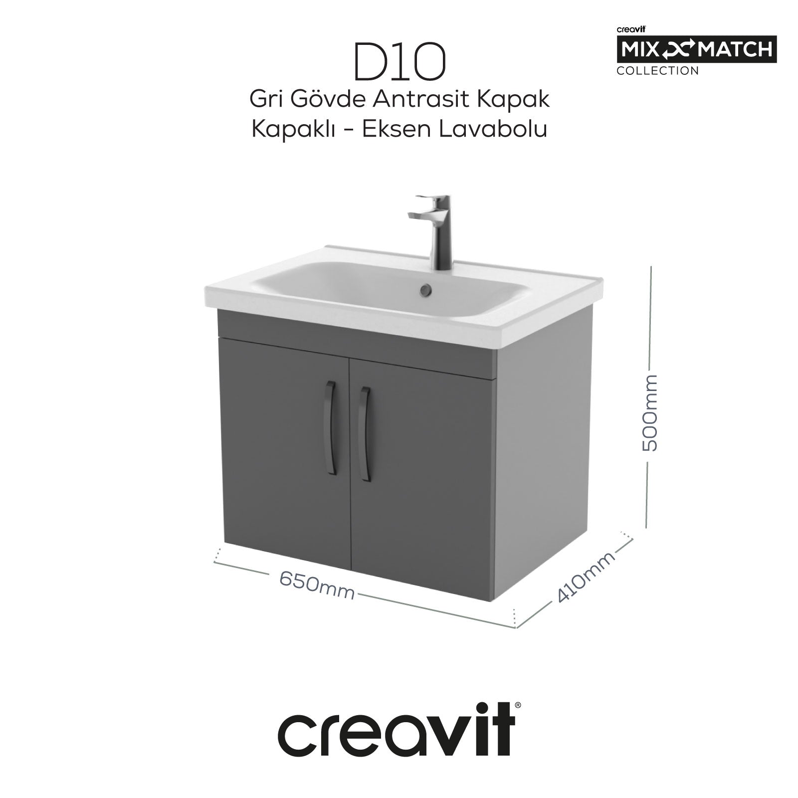 D10 65 Cm Kapaklı Lavabo Dolabı Melamin Gri Gövde Melamin Antrasit Kapak