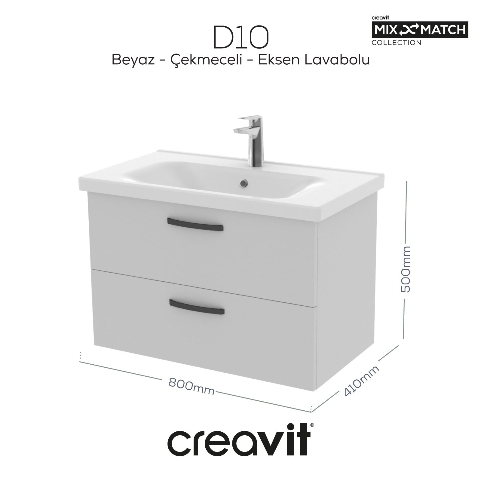 D10 80 Cm İki Çekmeceli Lavabo Dolabı Melamin Gövde Melamin Kapak Beyaz