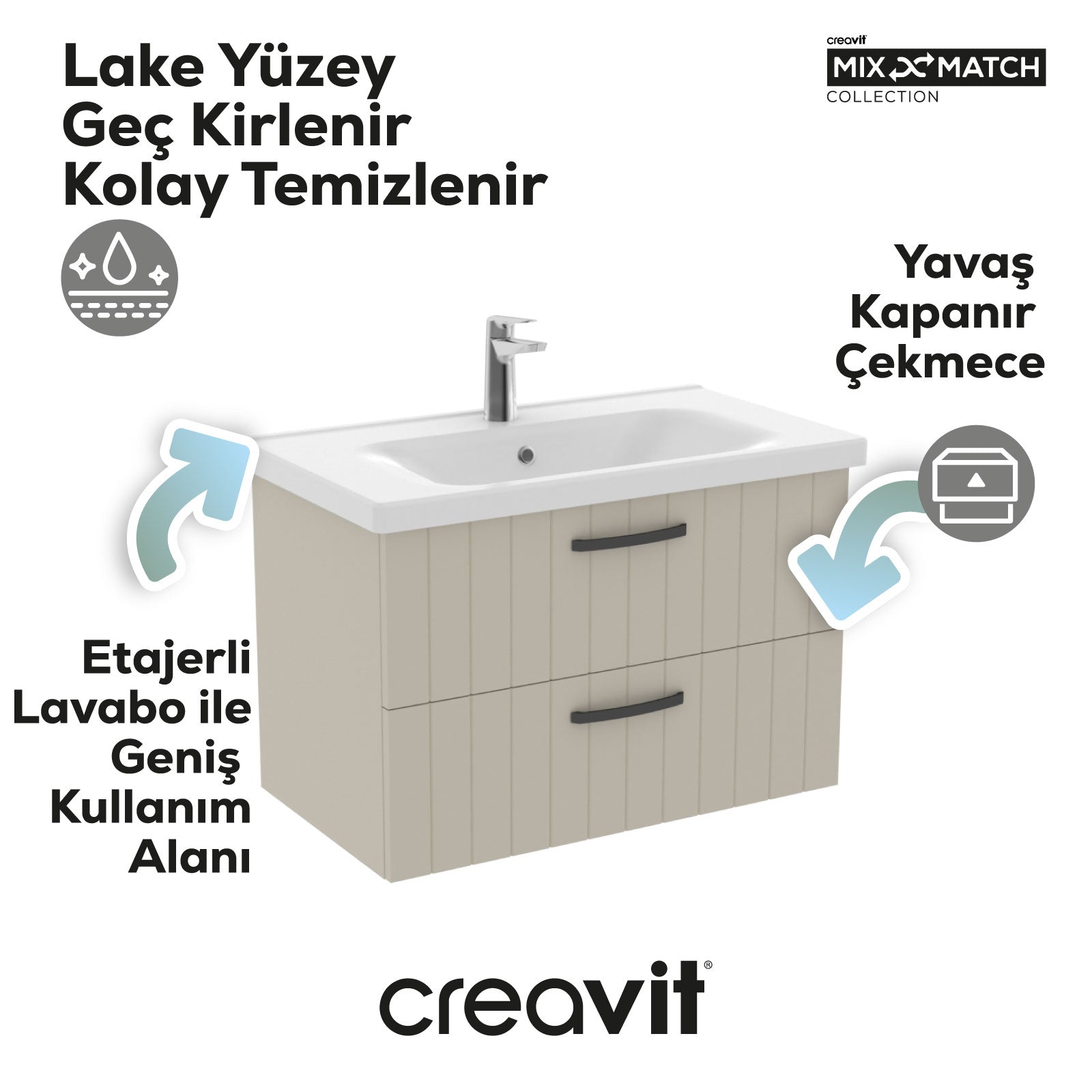 D10 80 Cm İki Çekmeceli Lavabo Dolabı Melamin Gövde Dafne Lake Kapak